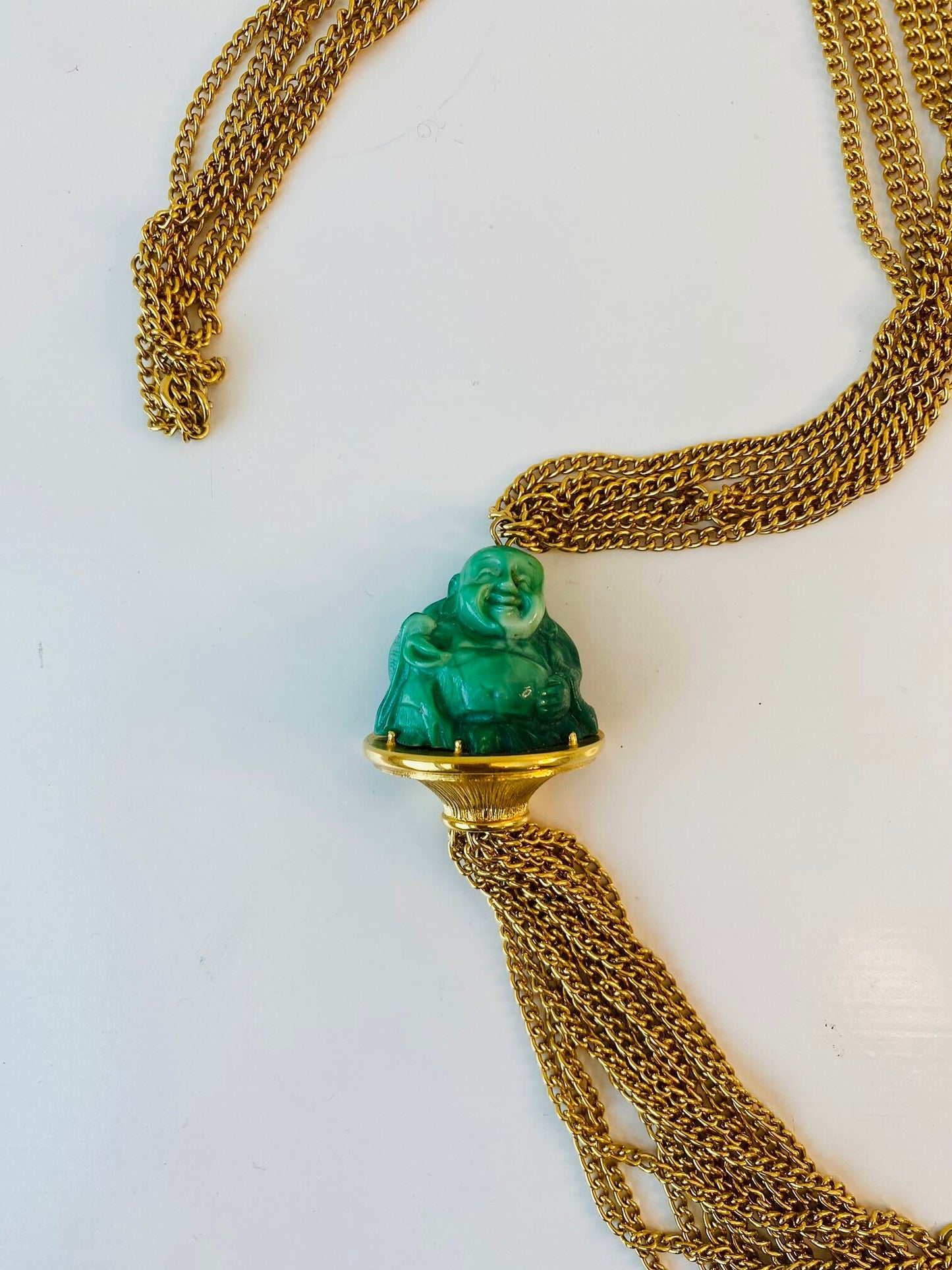 Vintage Pauline Trigere signed Buddha Pendant Gold Chain Statement Necklace