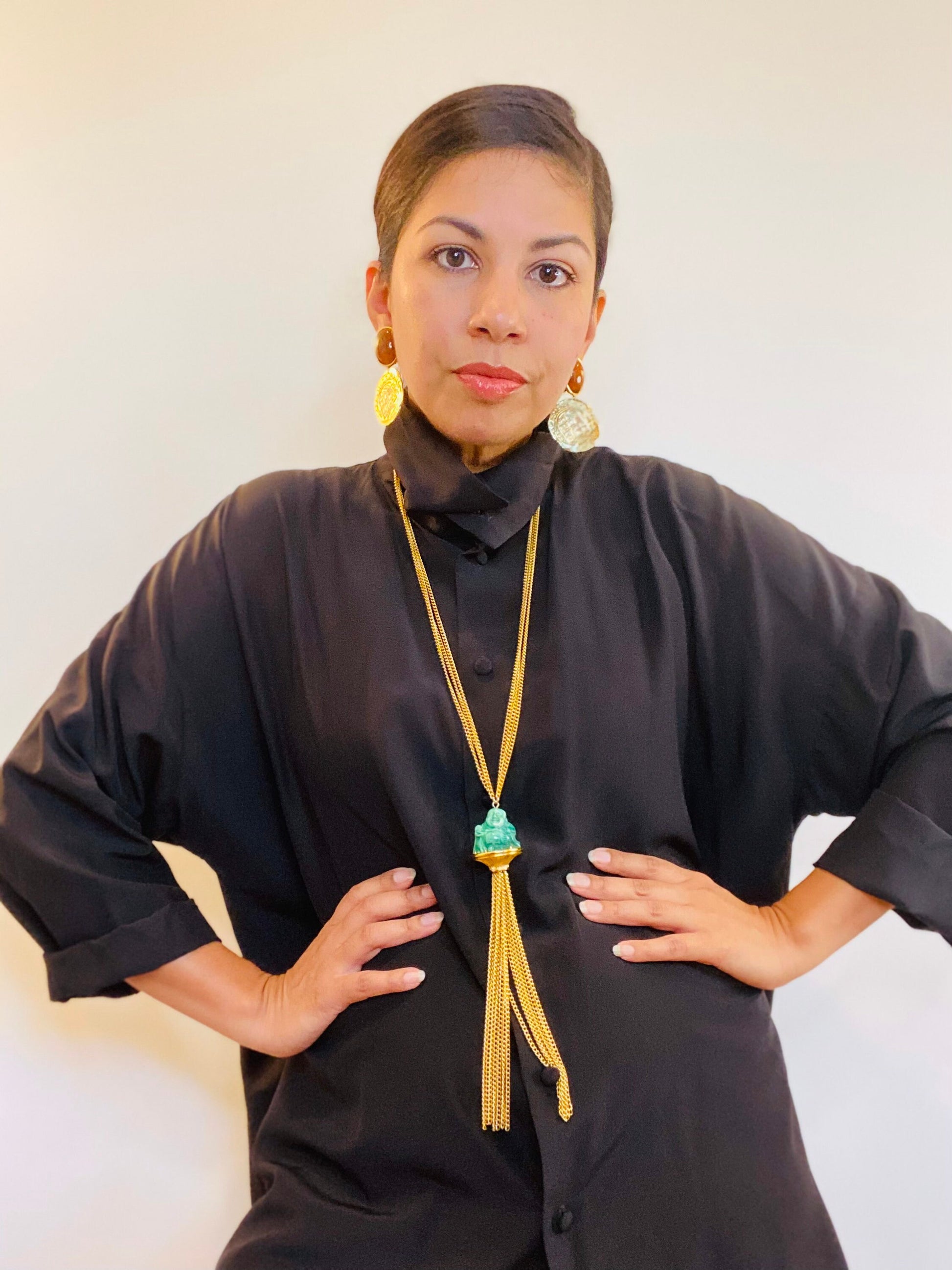 Vintage Pauline Trigere signed Buddha Pendant Gold Chain Statement Necklace