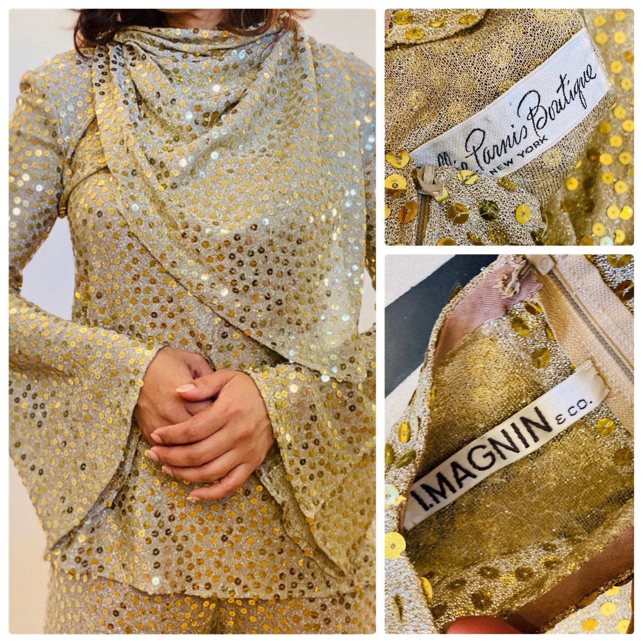 Mollie PARNIS for I MAGNIN Late 60s Disco Queen Gold Lurex Jersey Trumpet Angel Sleeves Tunic Palazzo Bell Bottoms Pants and Shawl Ensemble