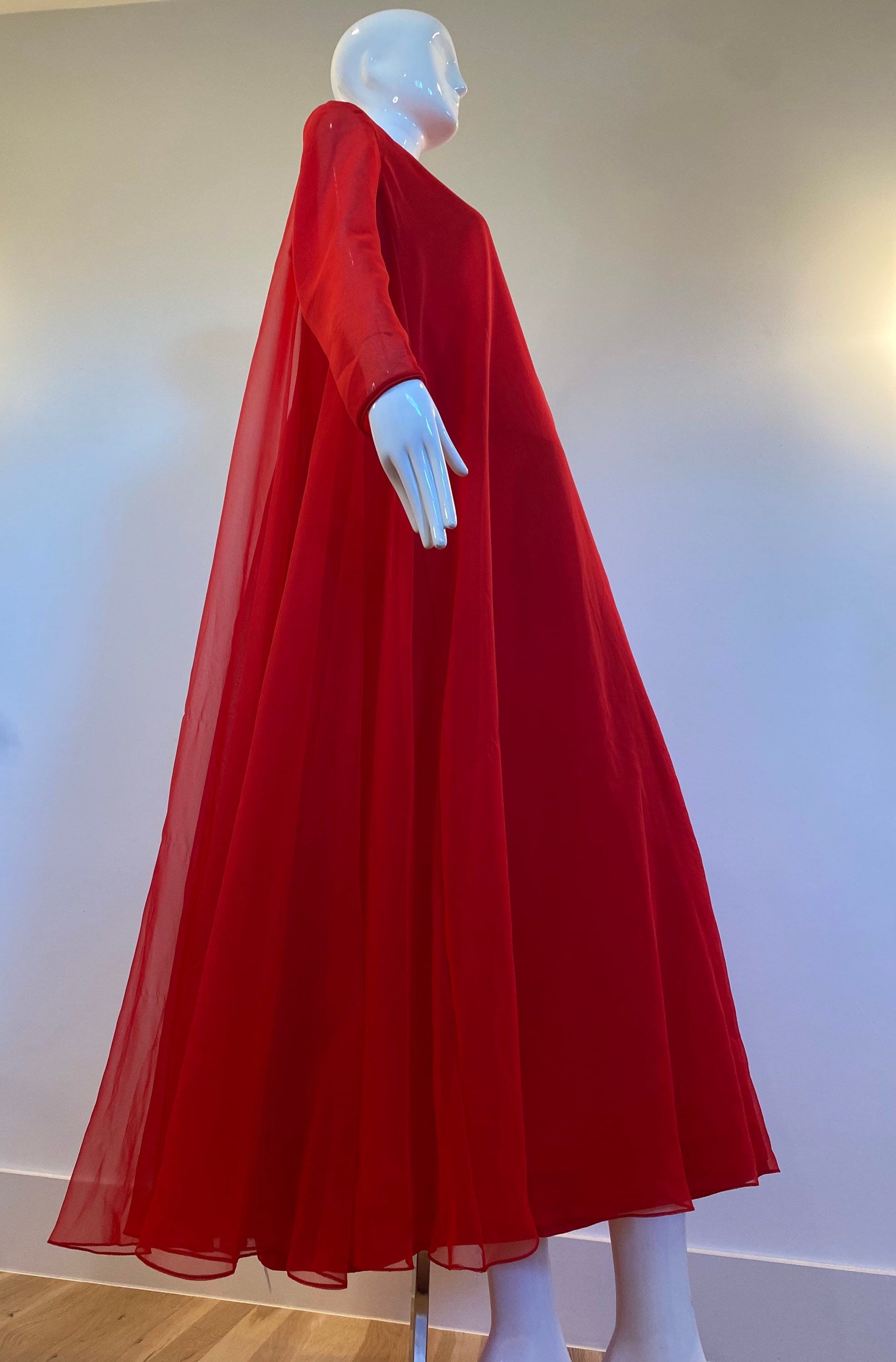 60s I. Magnin Red Chiffon Sweeping Maxi Gown Long Sleeves
