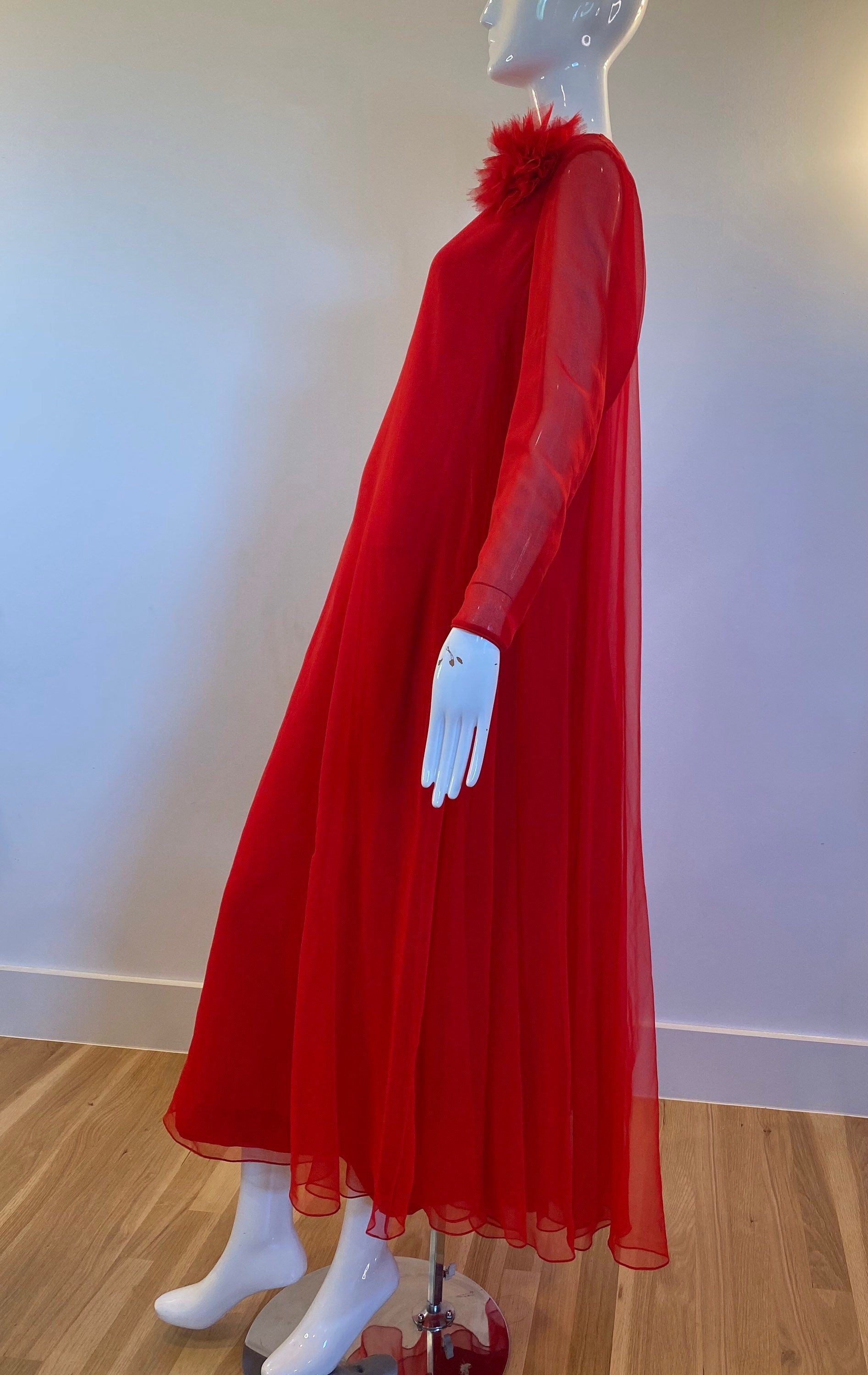 60s I. Magnin Red Chiffon Sweeping Maxi Gown Long Sleeves