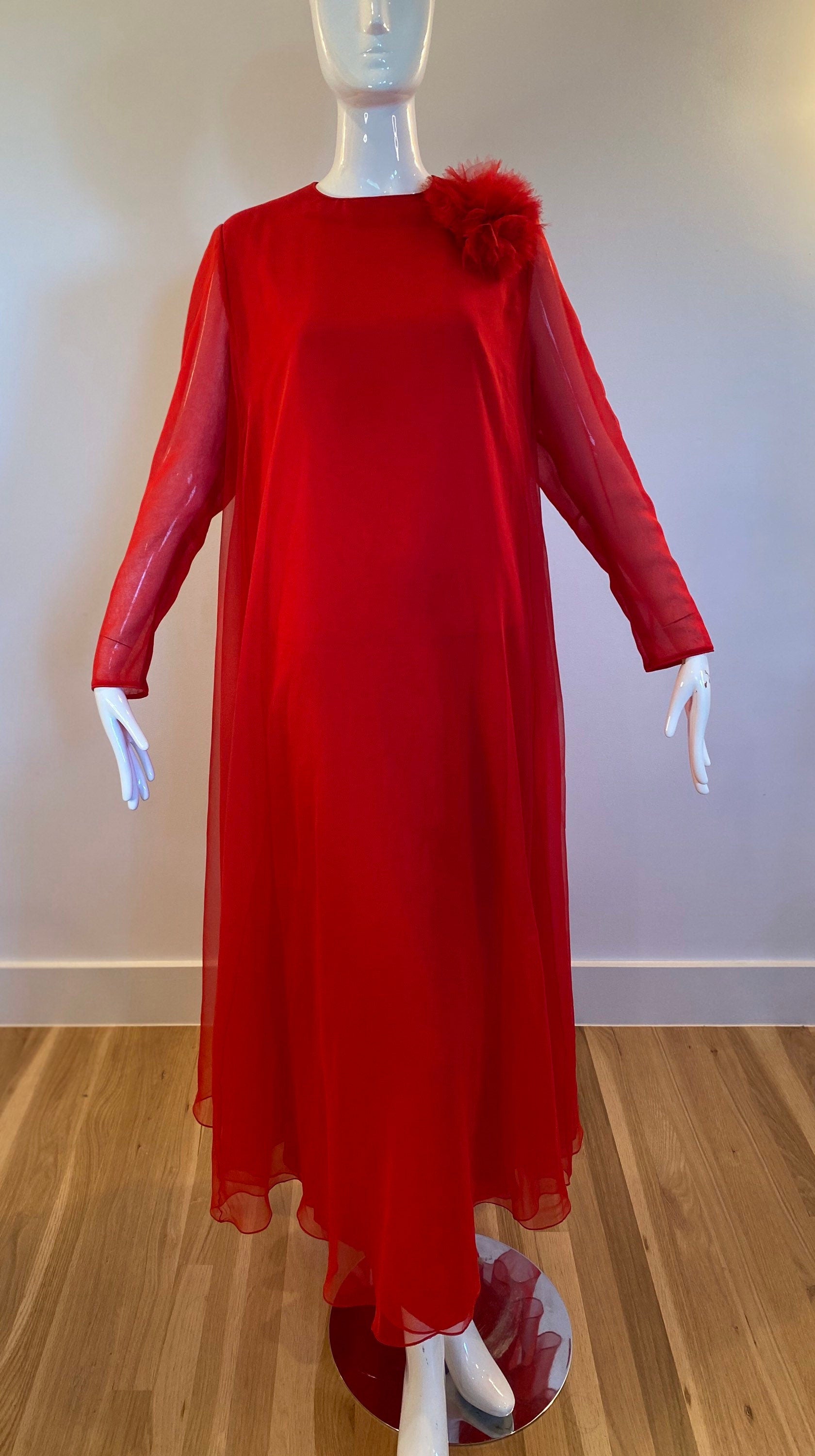 60s I. Magnin Red Chiffon Sweeping Maxi Gown Long Sleeves