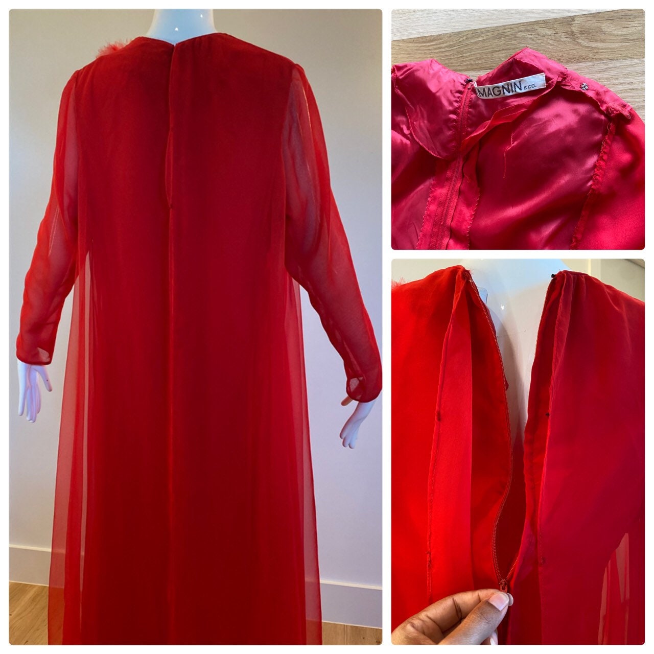 60s I. Magnin Red Chiffon Sweeping Maxi Gown Long Sleeves