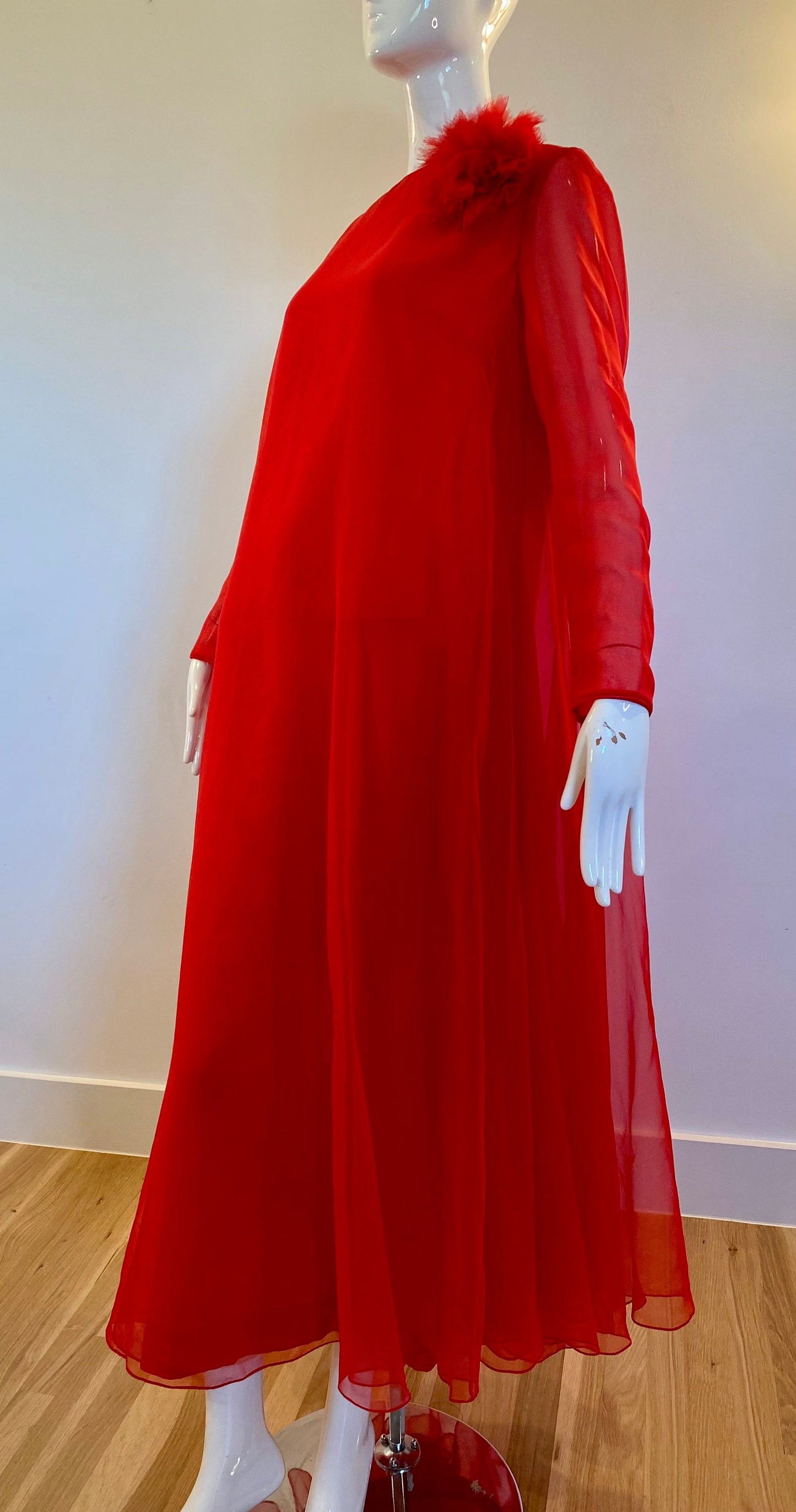 60s I. Magnin Red Chiffon Sweeping Maxi Gown Long Sleeves
