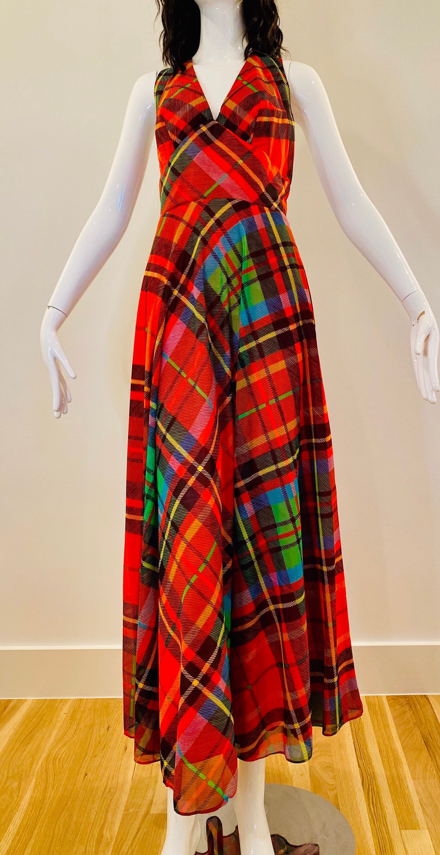 70s Coco of California Red Plaid Maxi Halter Dress