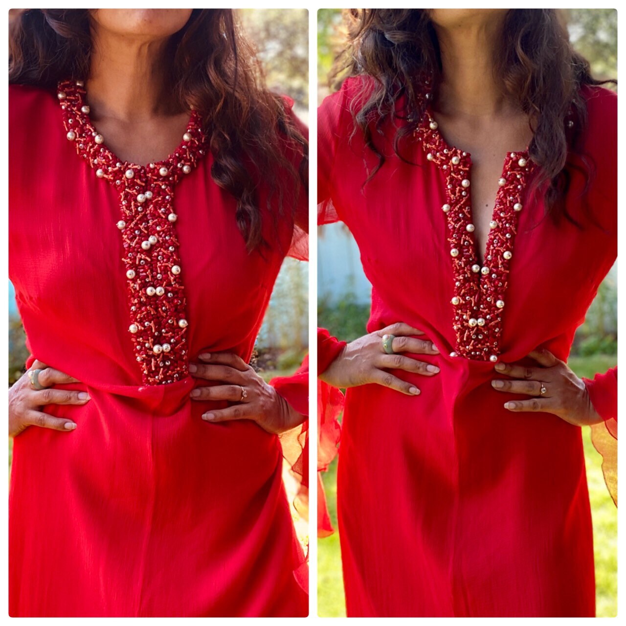 Andrew Gn Red Silk Chiffon Maxi Red Carpet Gown Heavily Beaded Neckline Angel Wings 44