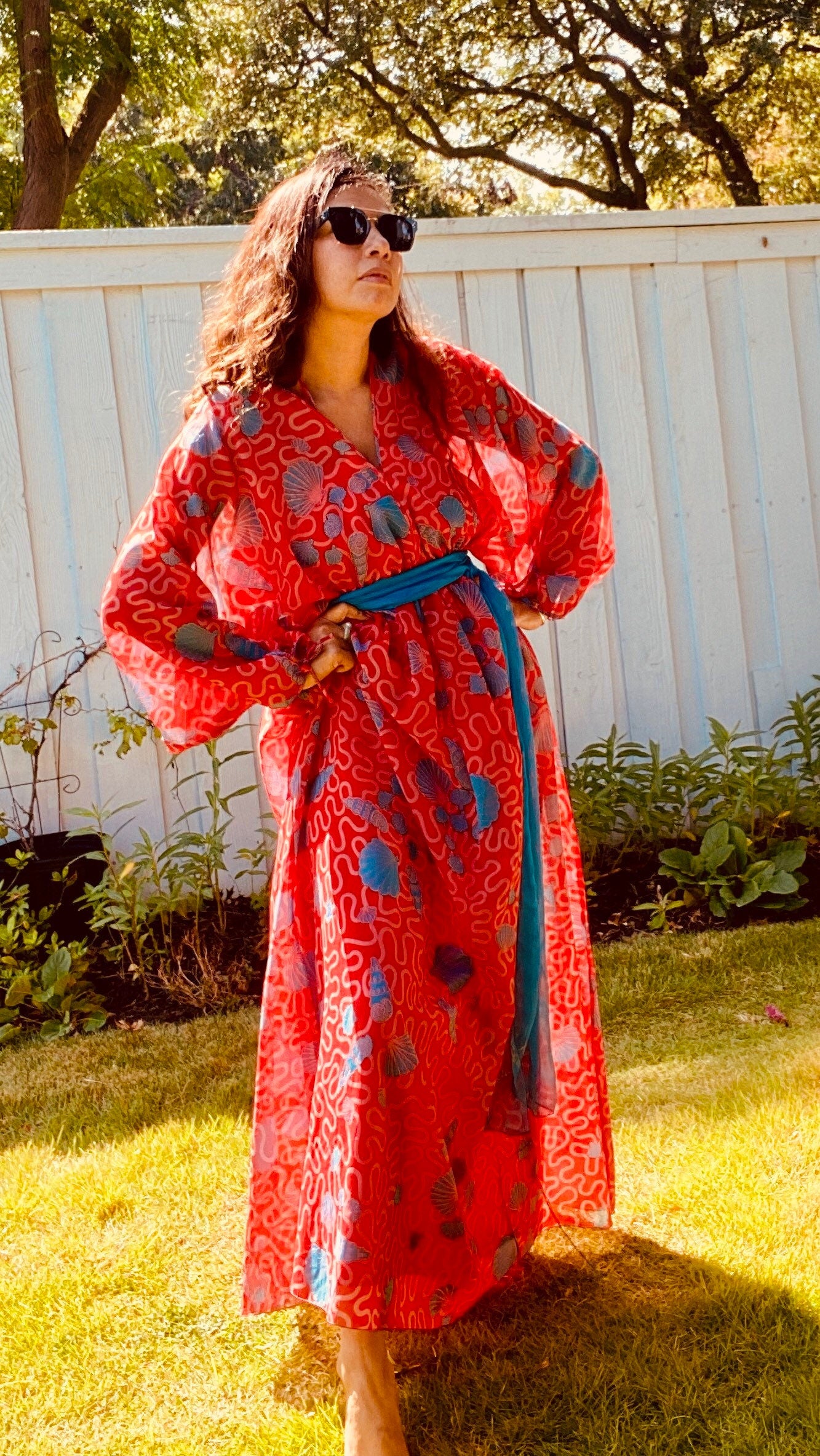 Zandra RHODES 70s Red Chiffon Wiggle Shell Maxi Dress Gown Signed Sash