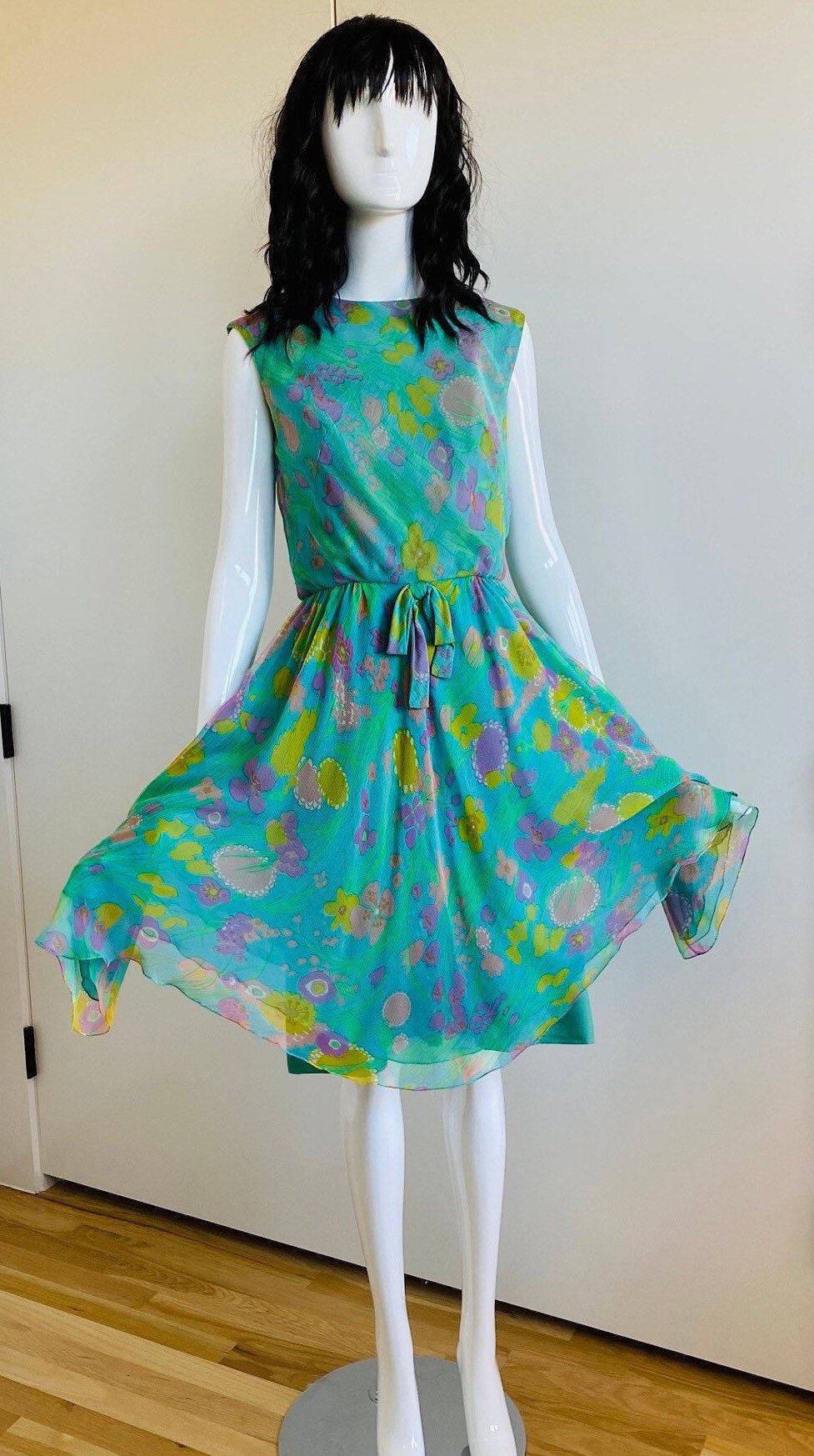 60s Mollie PARNIS Psychedelic Floral Silk Chiffon Full Skirt Sleeveless Dress