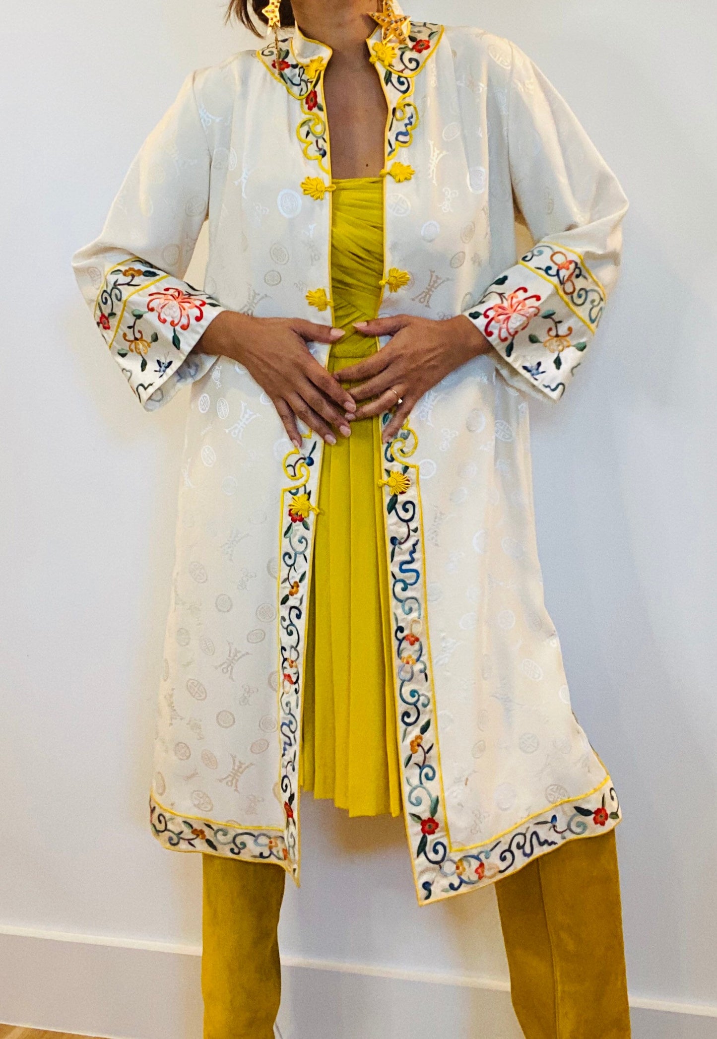 40s Rare Silk Cream and Yellow Chinoiserie Fancy Long Jacket / Multi Color Embroidered Silk Jacket Dress / Hostess Dressing