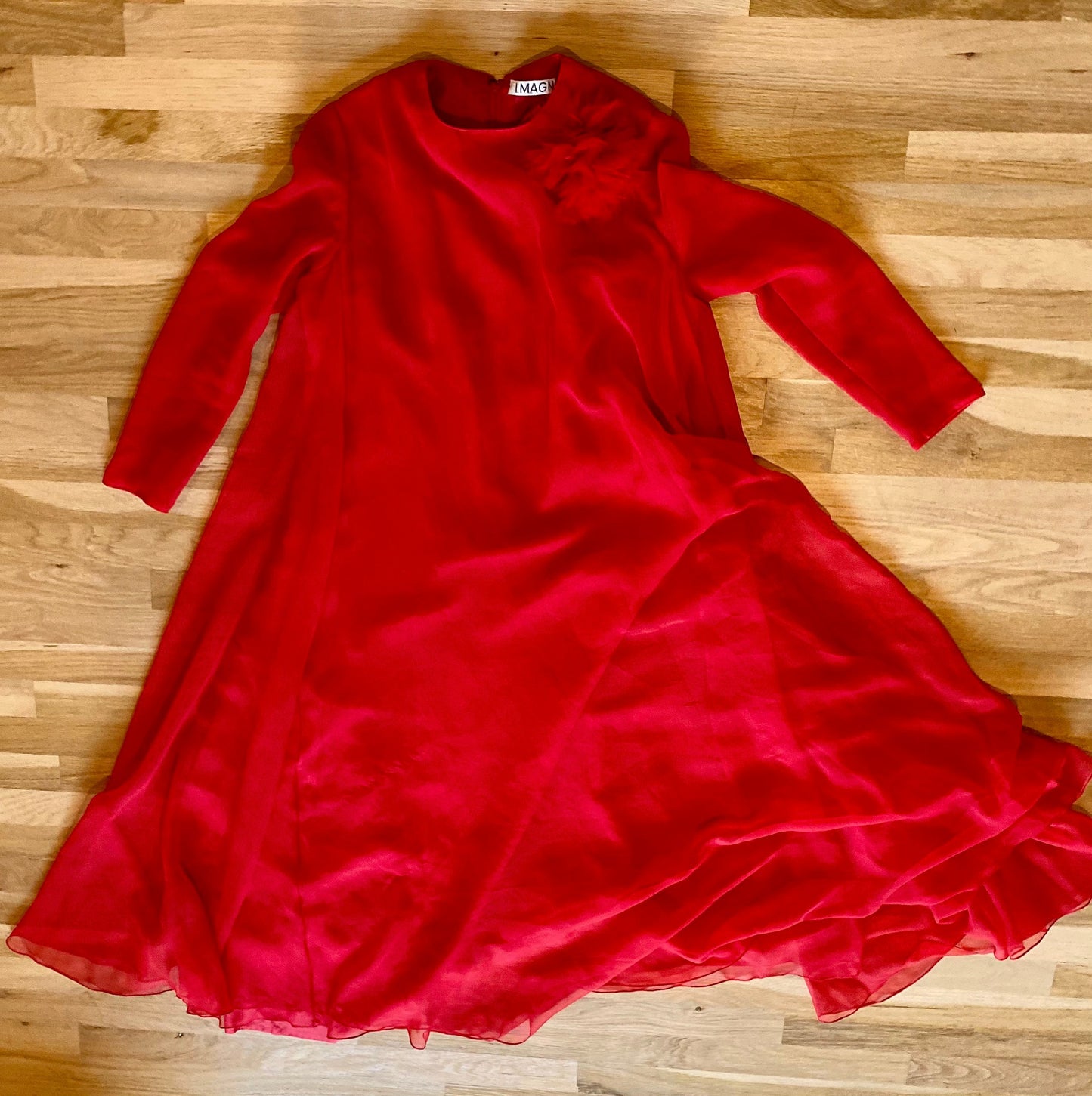 60s I. Magnin Red Chiffon Sweeping Maxi Gown Long Sleeves