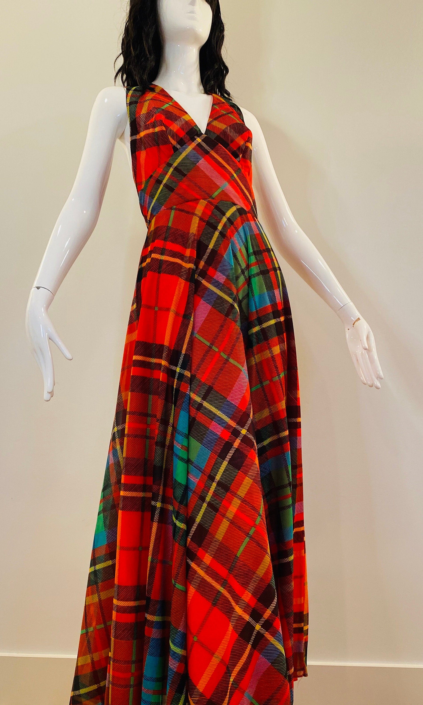 70s Coco of California Red Plaid Maxi Halter Dress