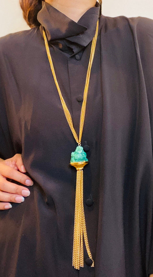 Vintage Pauline Trigere signed Buddha Pendant Gold Chain Statement Necklace