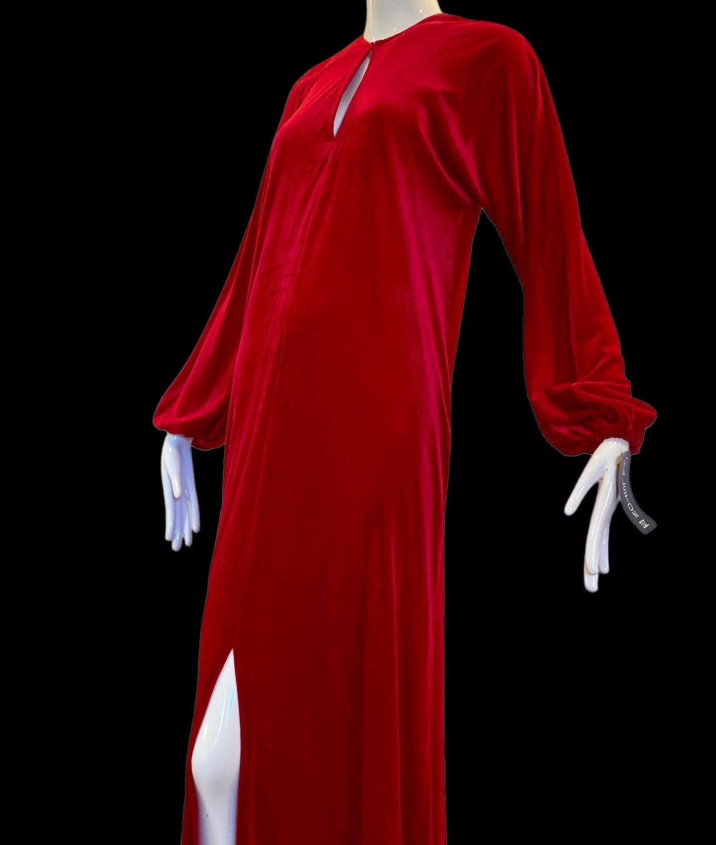 70s HALSTON IV Dorian NWT Glamorous Red Velvet Sweeping Maxi Caftan Hostess Dress