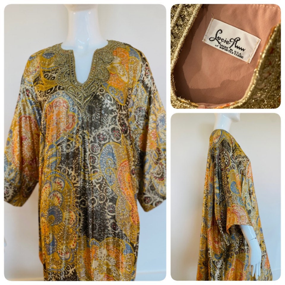 70s Lucie Ann Gold Metallic Brocade Hostess Caftan Dress