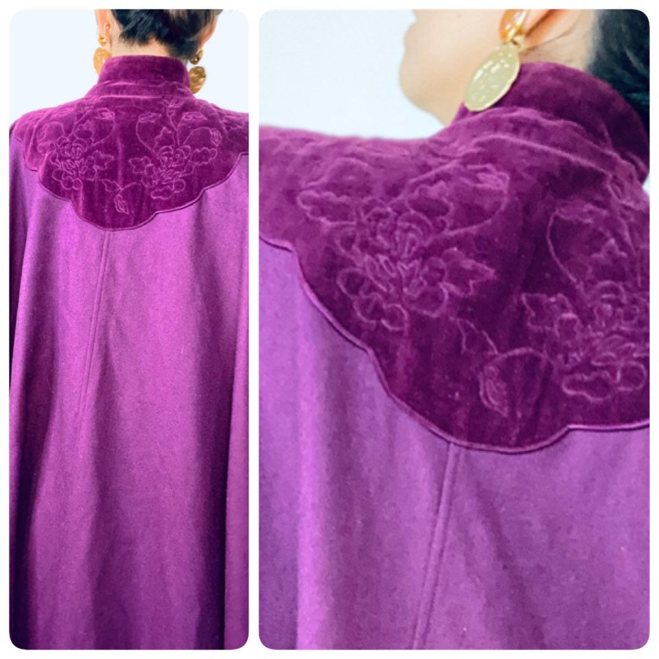 70s Gianni Versace Plum Purple Wool Cape Quilted Neck Top Coat