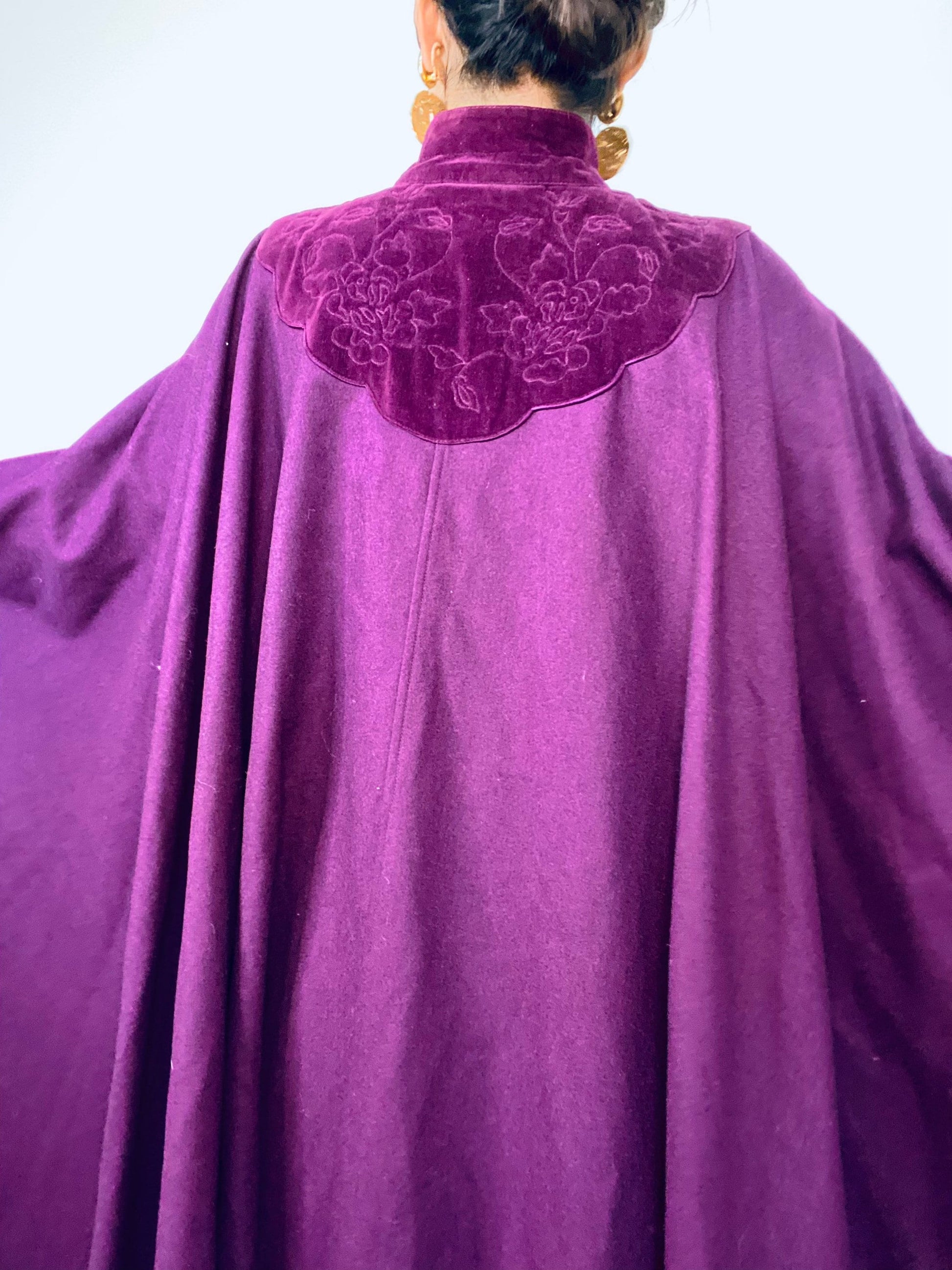 70s Gianni Versace Plum Purple Wool Cape Quilted Neck Top Coat