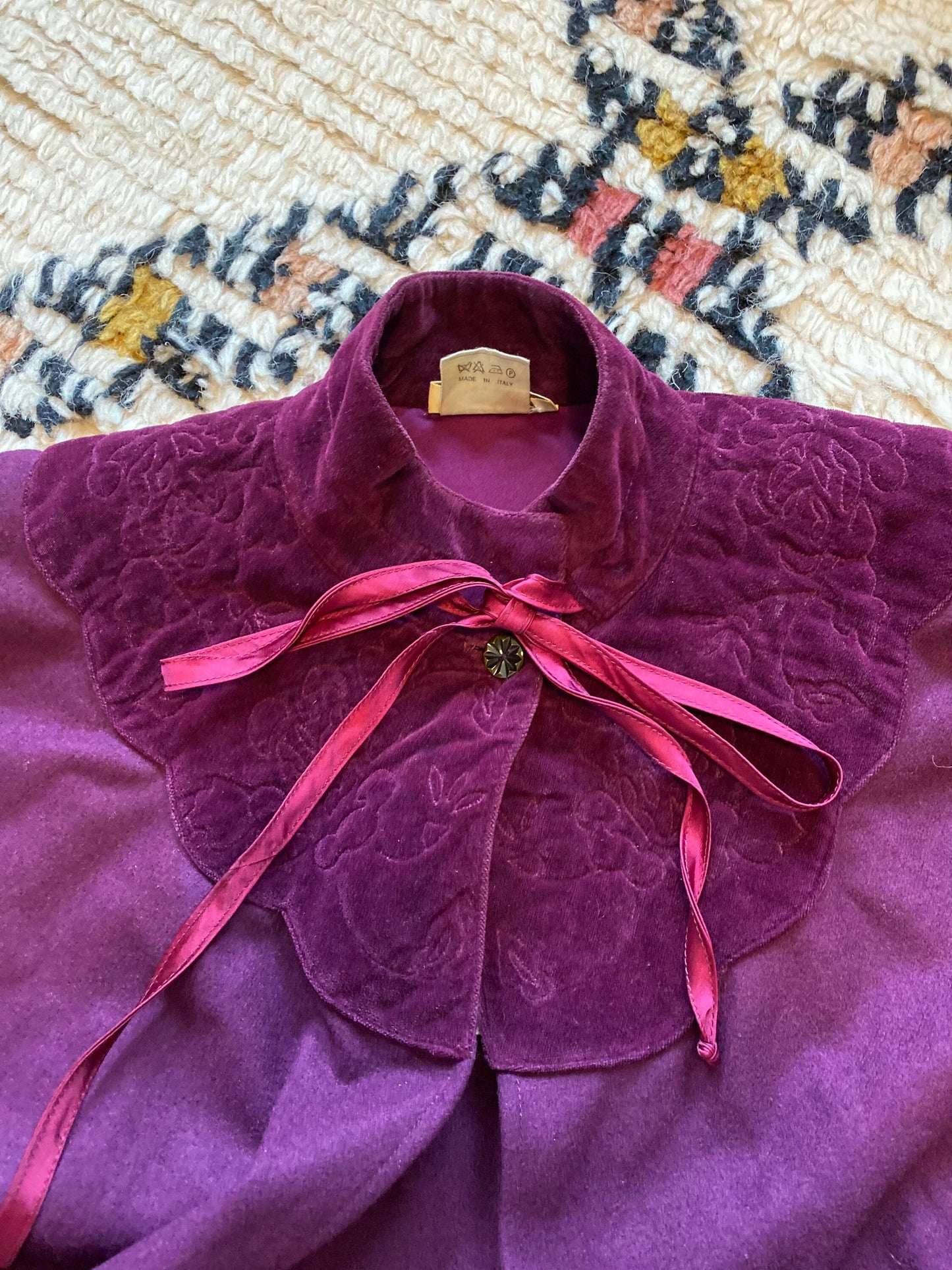 70s Gianni Versace Plum Purple Wool Cape Quilted Neck Top Coat