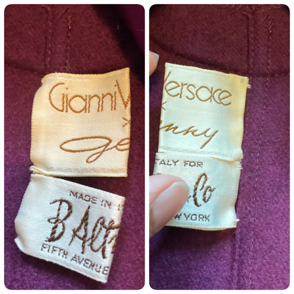 70s Gianni Versace Plum Purple Wool Cape Quilted Neck Top Coat