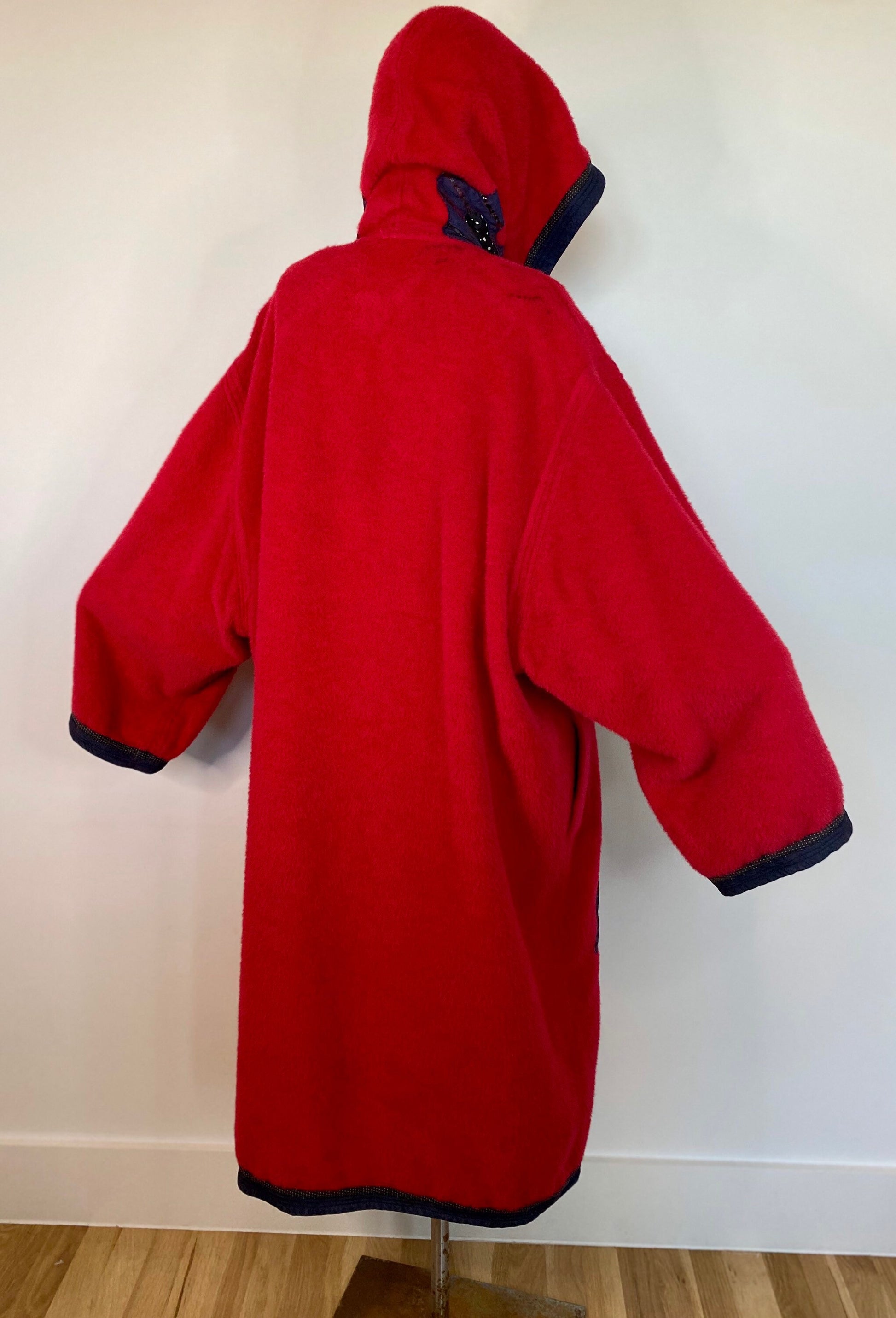 Red Wool Alpaca Koos Van Den Akker Hooded Patchwork Coat Horn Toggle