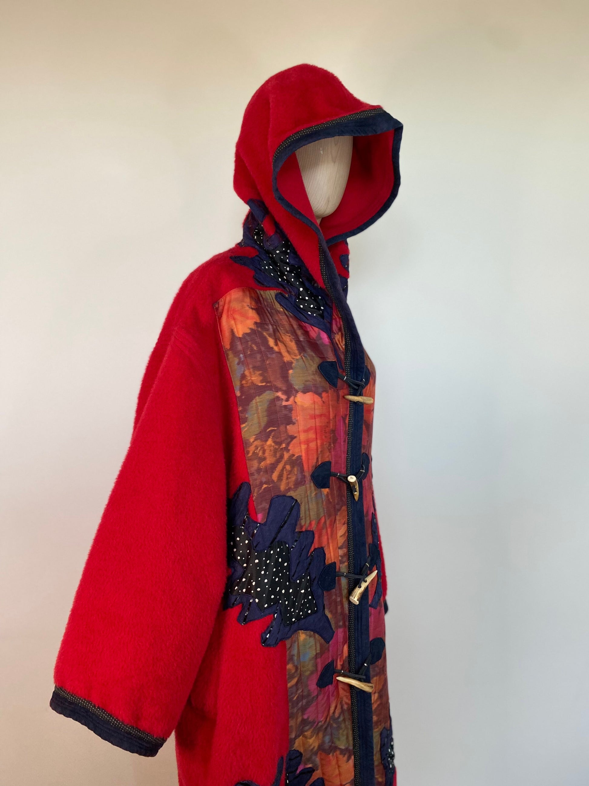 Red Wool Alpaca Koos Van Den Akker Hooded Patchwork Coat Horn Toggle