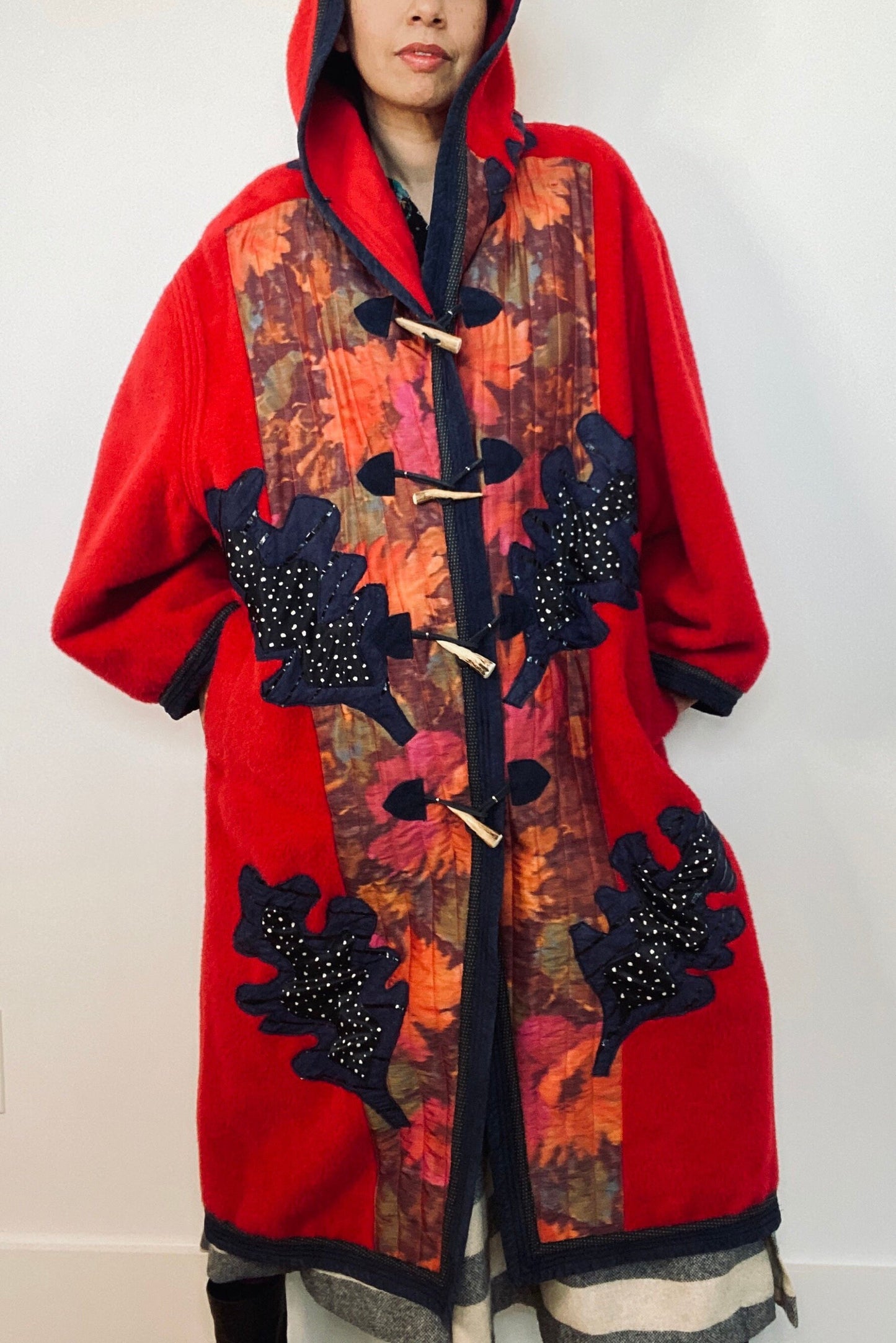 Red Wool Alpaca Koos Van Den Akker Hooded Patchwork Coat Horn Toggle