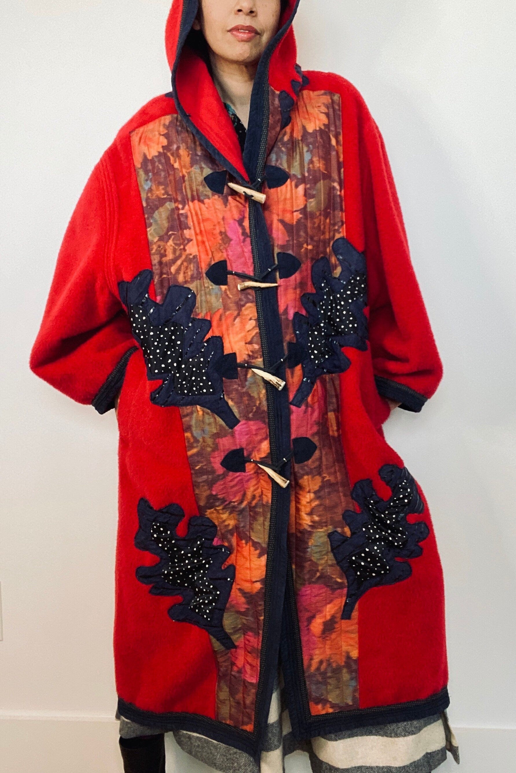 Red Wool Alpaca Koos Van Den Akker Hooded Patchwork Coat Horn Toggle