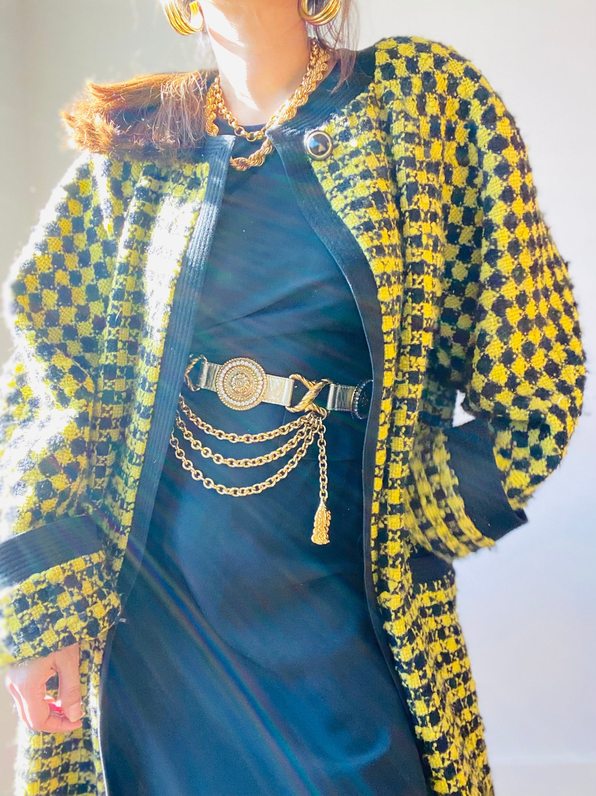 90s Versace Couture Runway Black and Yellow Houndstooth Wool Boucle Tweed Swing Coat