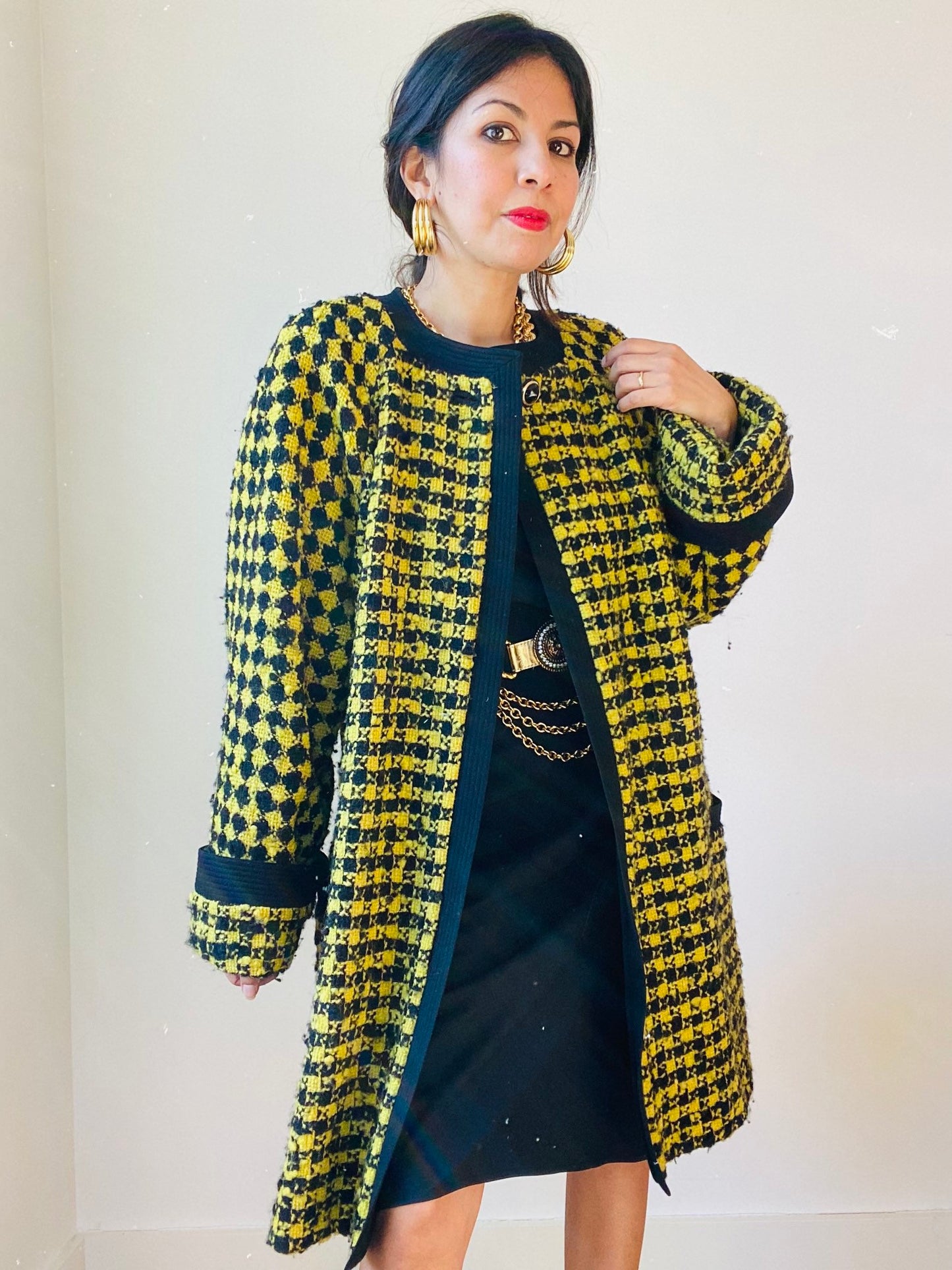 90s Versace Couture Runway Black and Yellow Houndstooth Wool Boucle Tweed Swing Coat