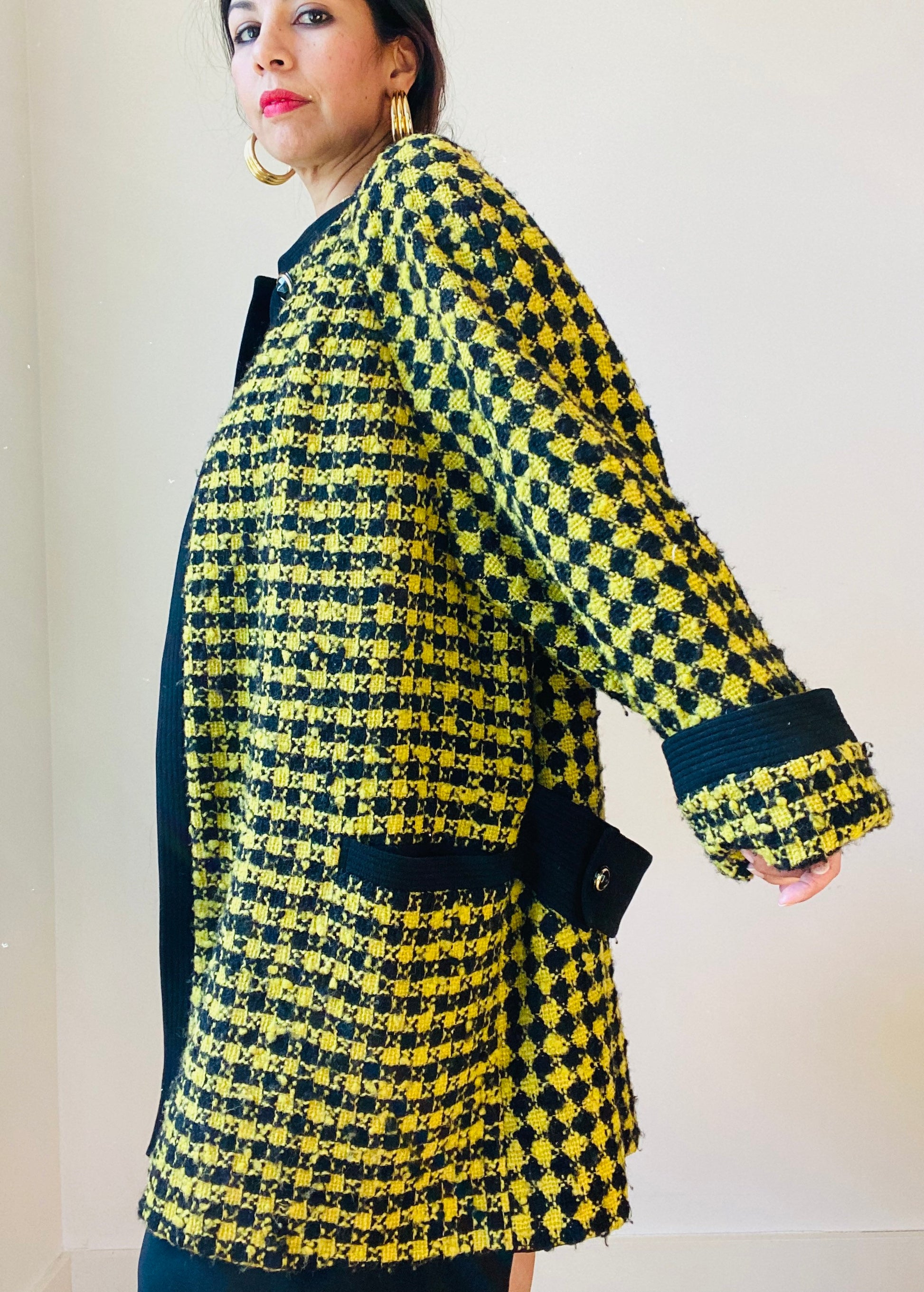 90s Versace Couture Runway Black and Yellow Houndstooth Wool Boucle Tweed Swing Coat
