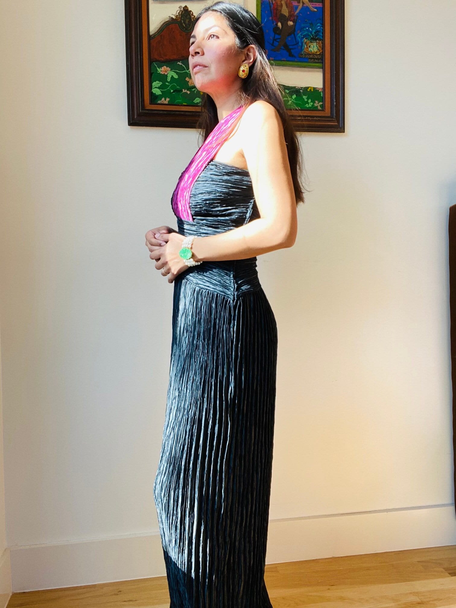 Early 80s Mary McFadden for Neiman Marcus One Shoulder Pleated Goddess Gown Fortuny Plisse