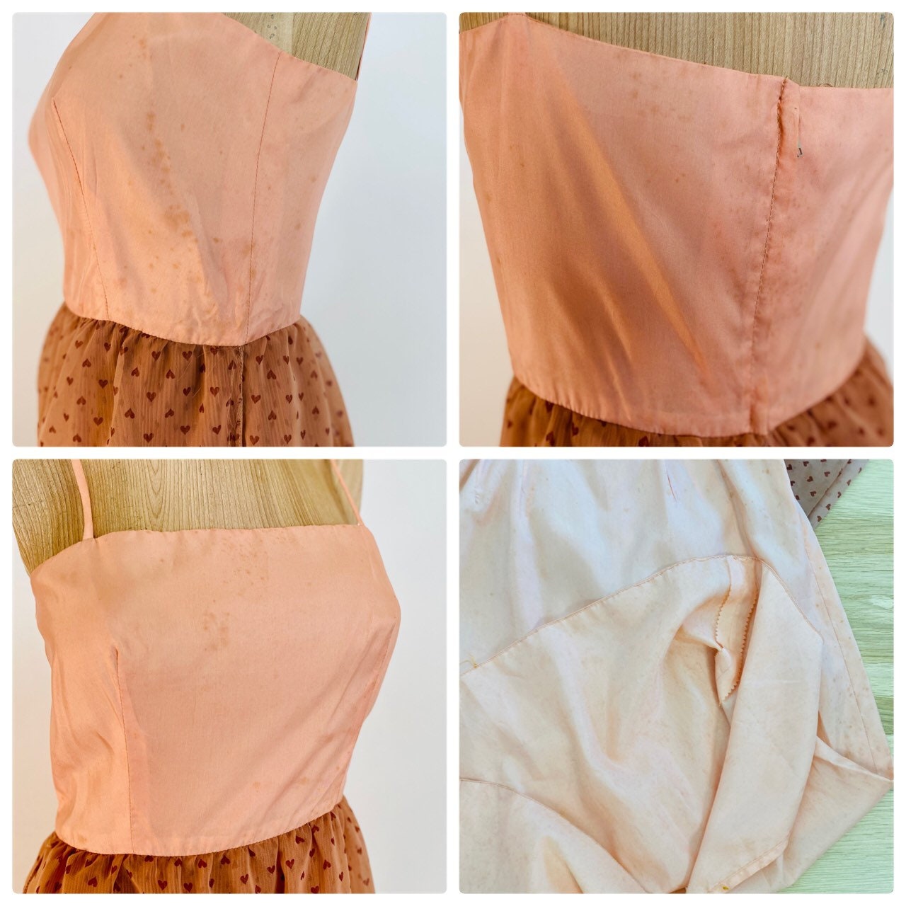 50s Rizkallah for Mardi Gras Dusty Rose Heart Print Chiffon Pleated Angel Sleeve Dress Rare As Is