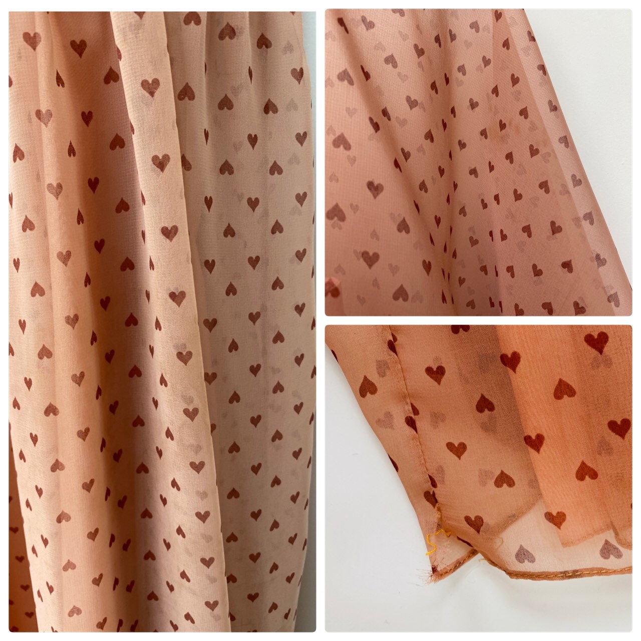 50s Rizkallah for Mardi Gras Dusty Rose Heart Print Chiffon Pleated Angel Sleeve Dress Rare As Is