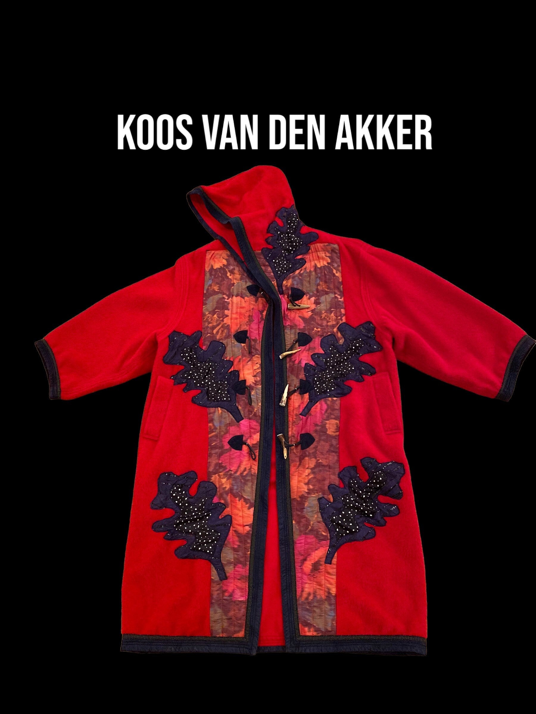 Red Wool Alpaca Koos Van Den Akker Hooded Patchwork Coat Horn Toggle