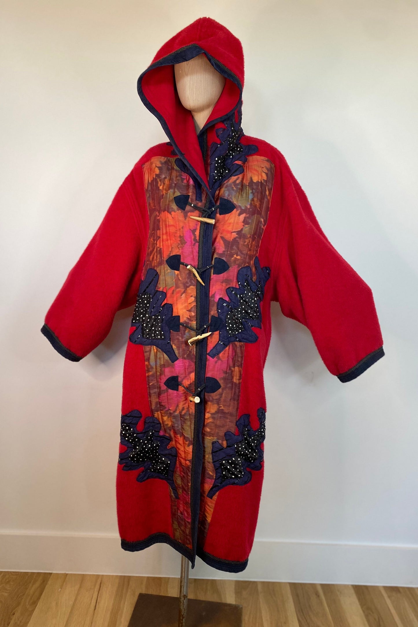 Red Wool Alpaca Koos Van Den Akker Hooded Patchwork Coat Horn Toggle