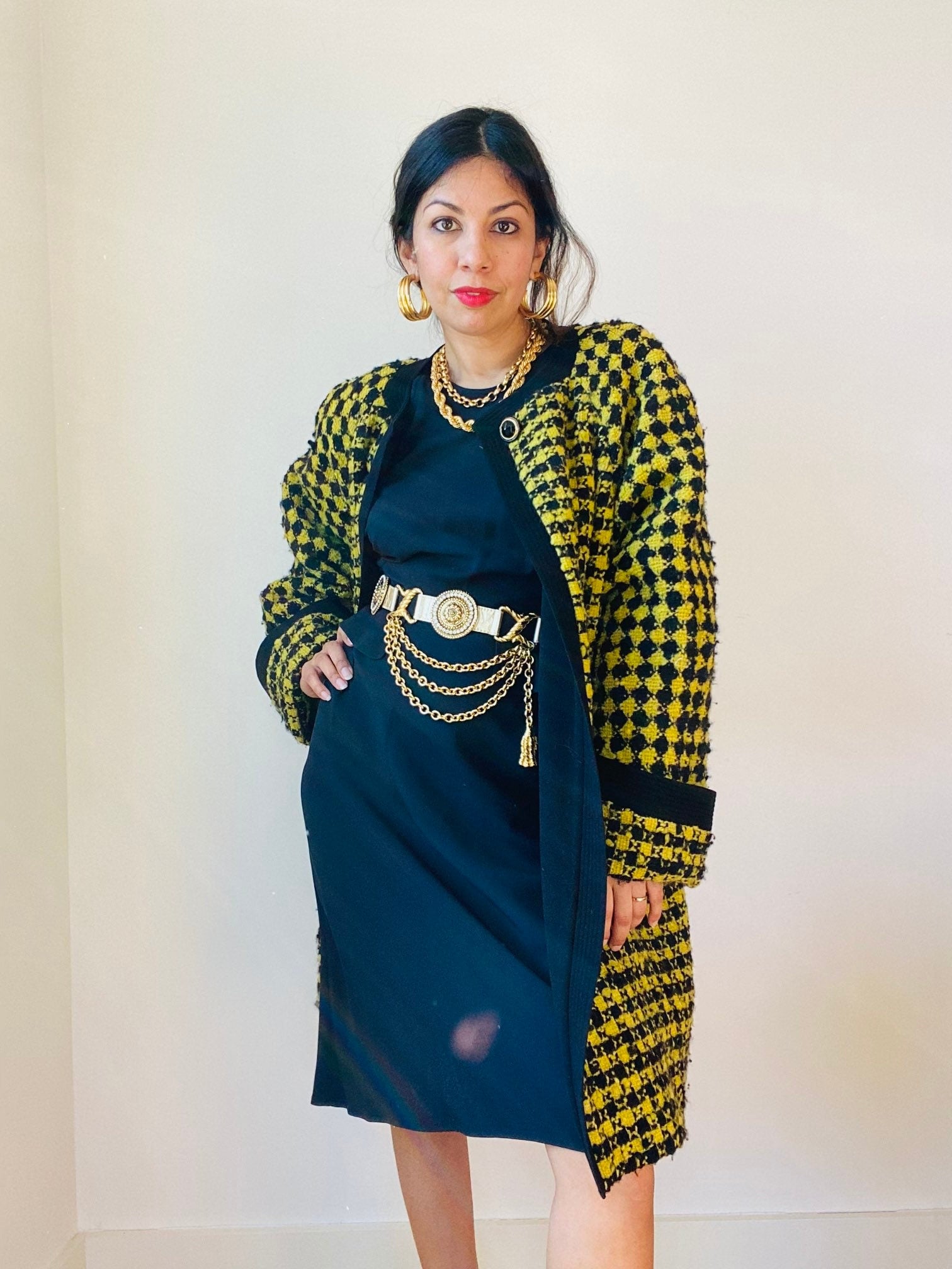 90s Versace Couture Runway Black and Yellow Houndstooth Wool Boucle Tweed Swing Coat