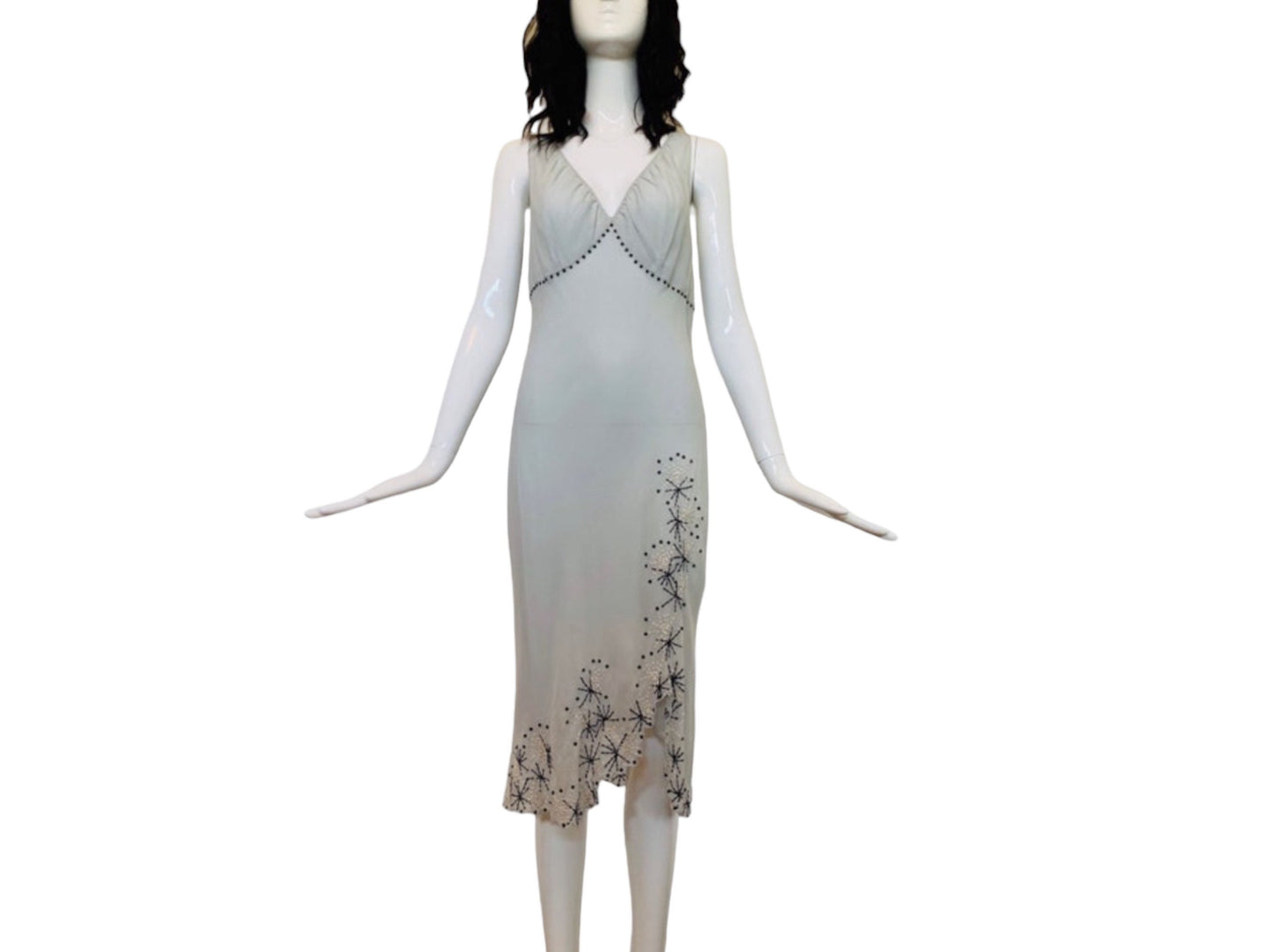 90s Catherine MELANDRINO Grey Silk Bias Embroidered Midi Dress