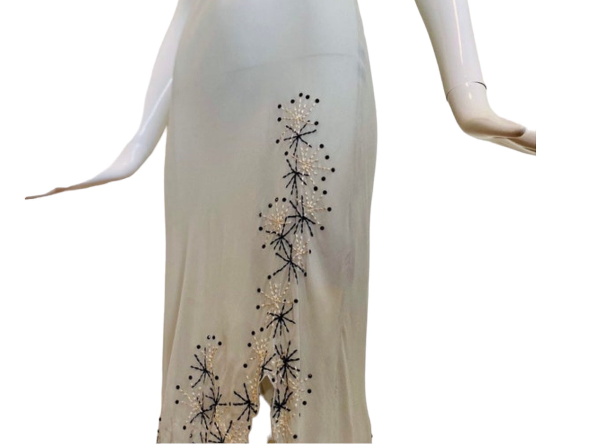 90s Catherine MELANDRINO Grey Silk Bias Embroidered Midi Dress