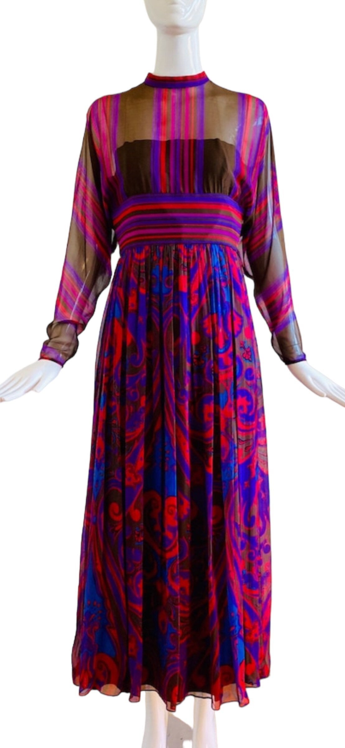 60s Mollie PARNIS Silk Paisley Chiffon Pleated Maxi Dress