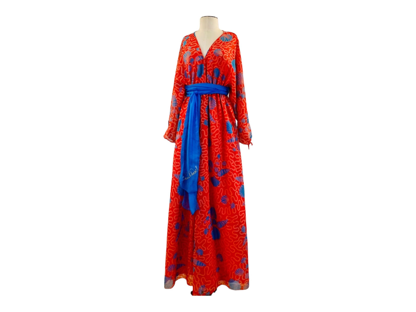 Zandra RHODES 70s Red Chiffon Wiggle Shell Maxi Dress Gown Signed Sash
