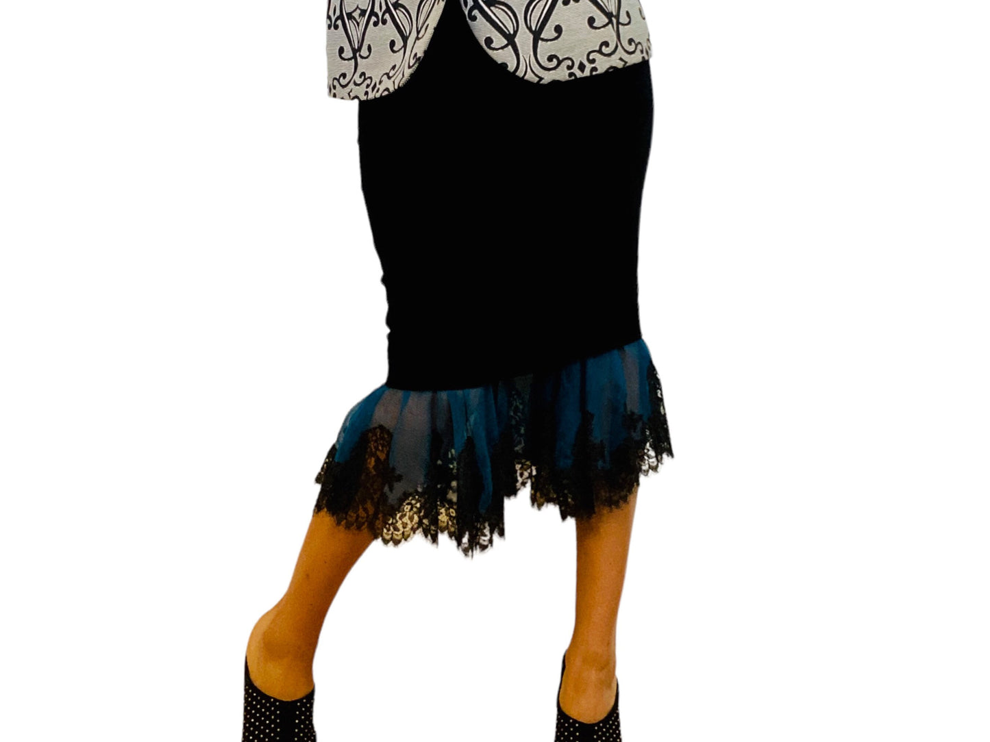 Vintage Jean Paul GAULTIER Fit and Flare Velvet Skirt with Ruffled Silk