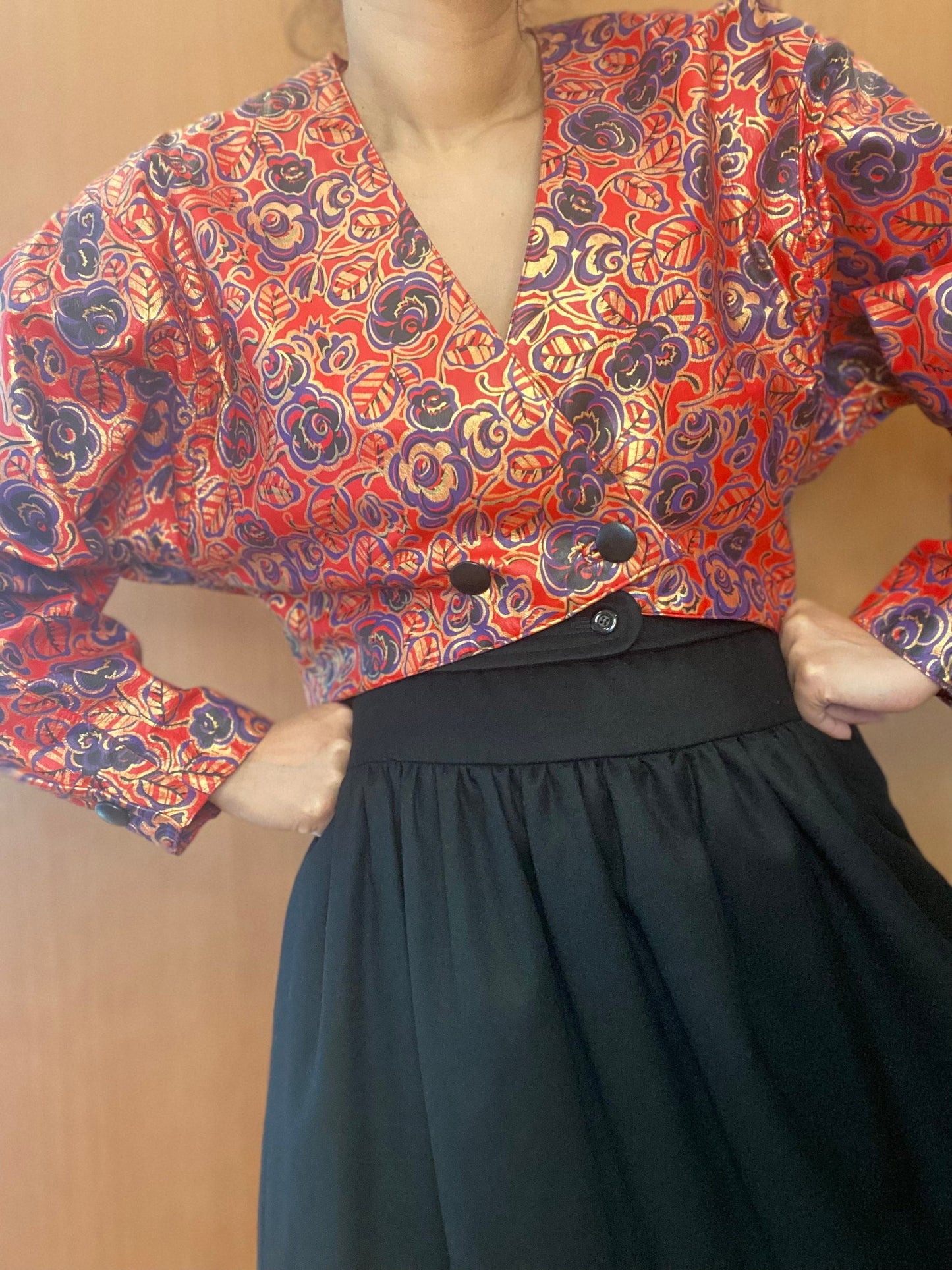 80s Carlos Falchi For Neiman Marcus Oversized Shoulders Cropped Printed Leather Jacket