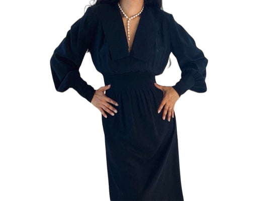 Pauline Trigere Silk LBD Corset Waist Dramatic Collar Balloon Sleeves Midi Dress