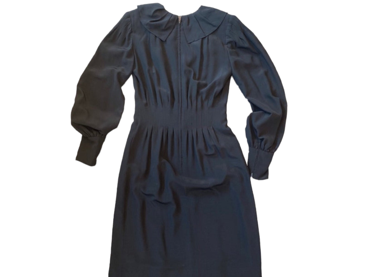 Pauline Trigere Silk LBD Corset Waist Dramatic Collar Balloon Sleeves Midi Dress