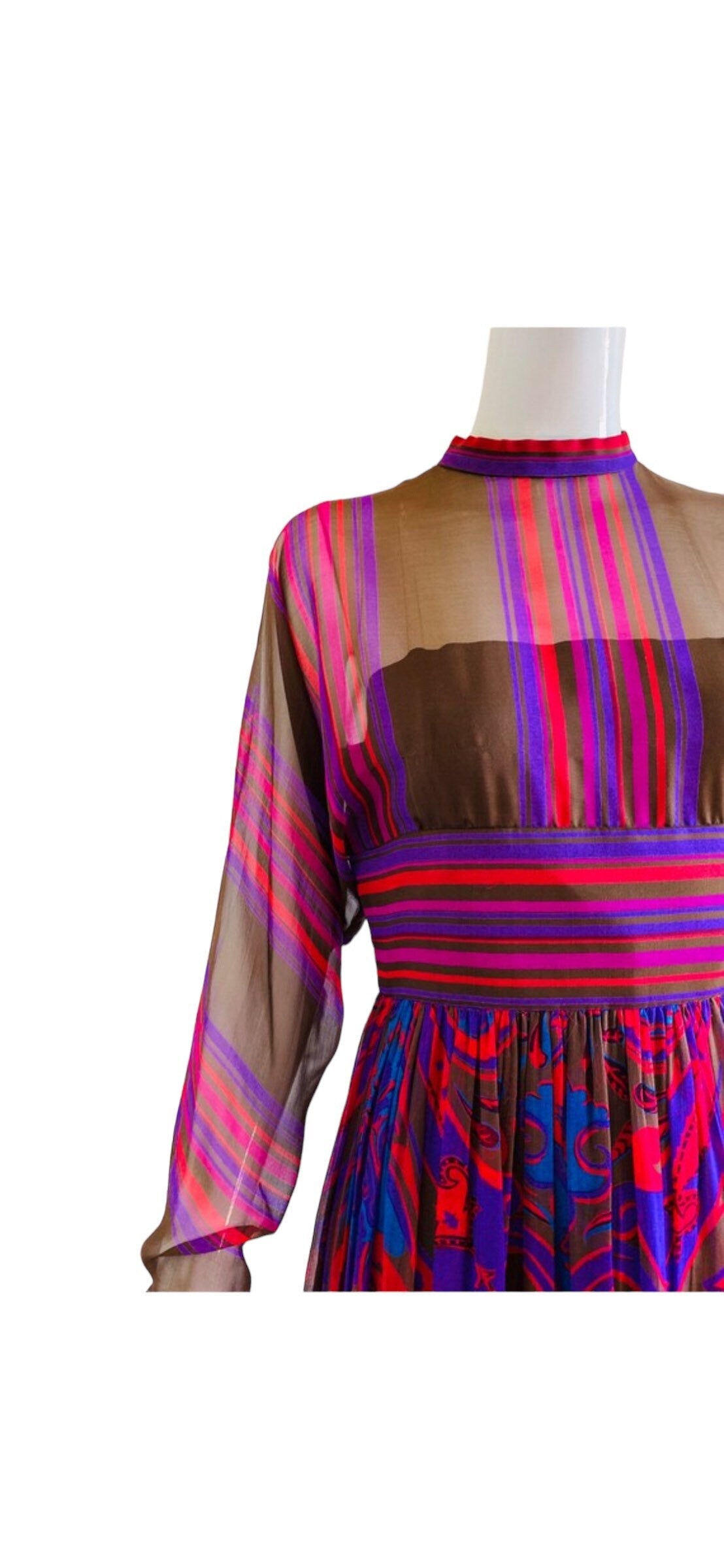 60s Mollie PARNIS Silk Paisley Chiffon Pleated Maxi Dress