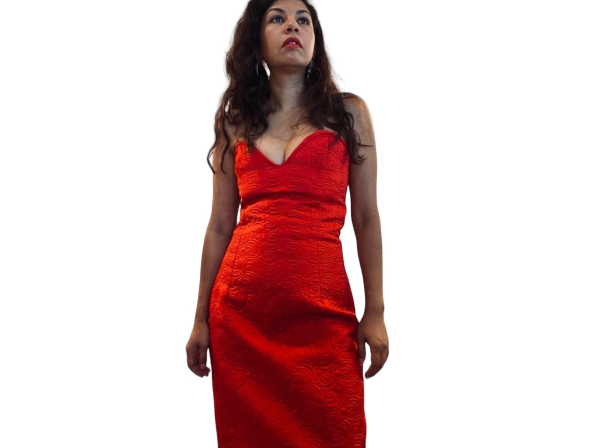 Victor Costa Sexy Red Satin Quilted Embroidered Strapless Cocktail Dress with Cropped Bolero Jacket Medium