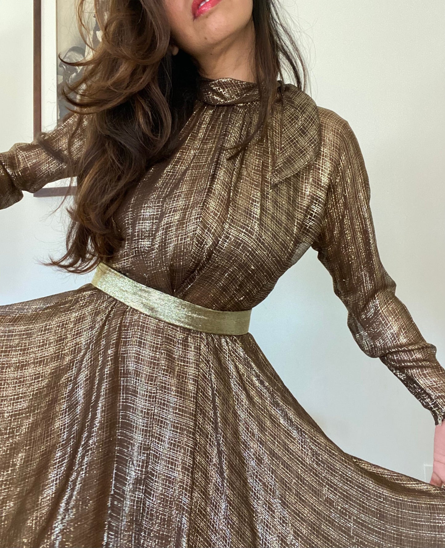 Pauline Trigere Silk Bronze Gold Lame Above the Knee Dress and Belt Ensemble