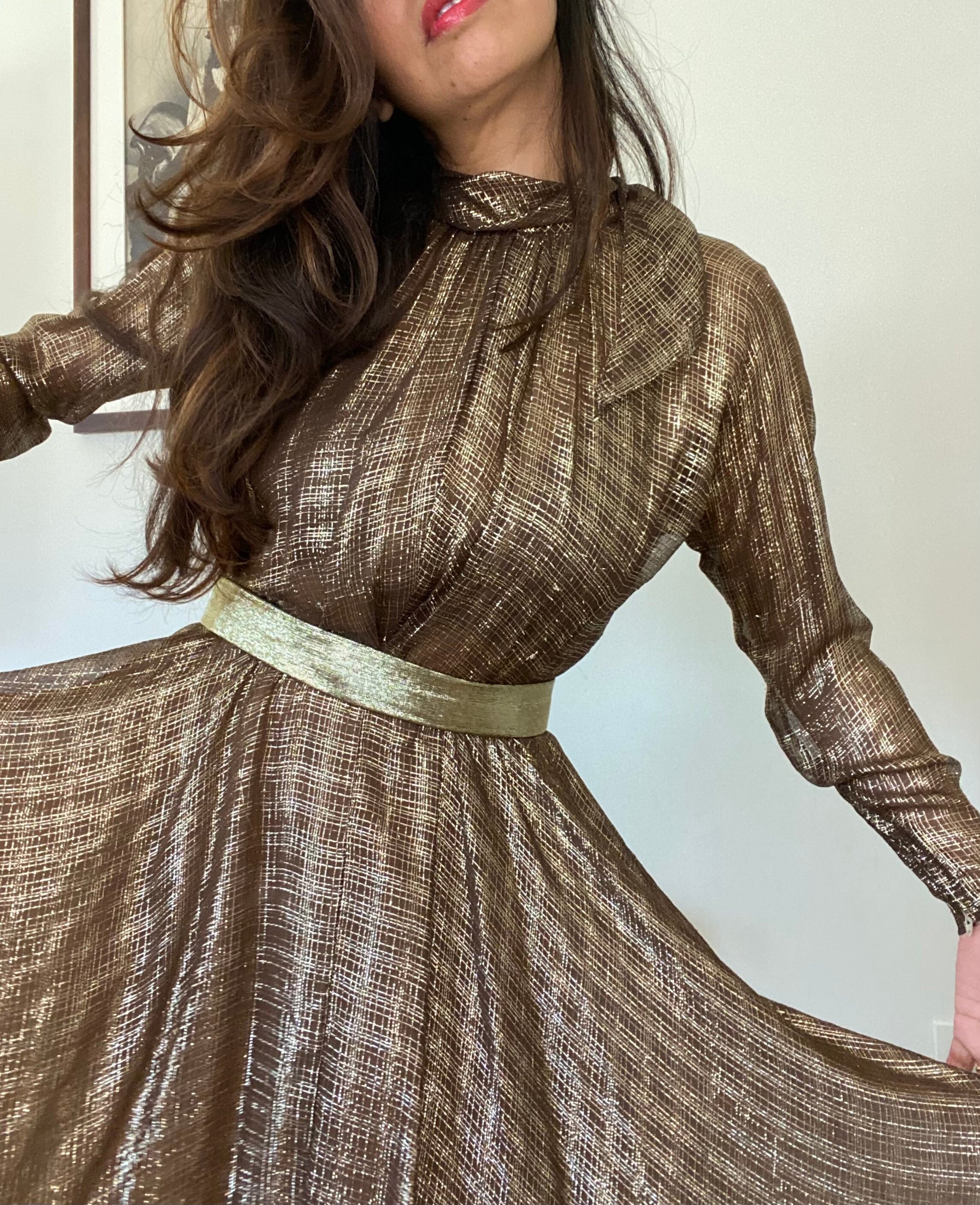 Pauline Trigere Silk Bronze Gold Lame Above the Knee Dress and Belt Ensemble