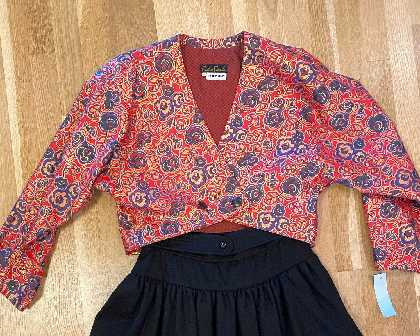 80s Carlos Falchi For Neiman Marcus Oversized Shoulders Cropped Printed Leather Jacket