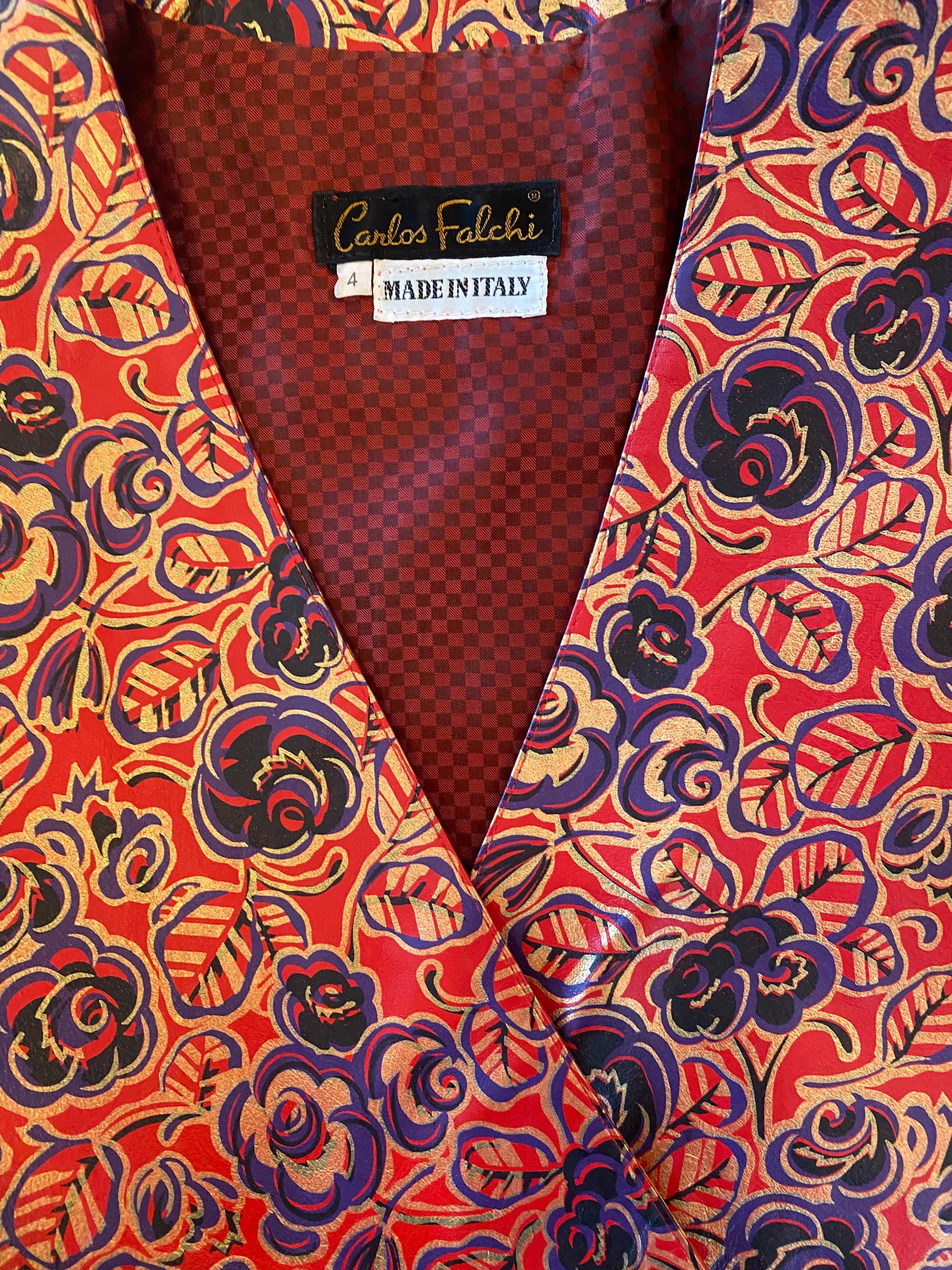 80s Carlos Falchi For Neiman Marcus Oversized Shoulders Cropped Printed Leather Jacket