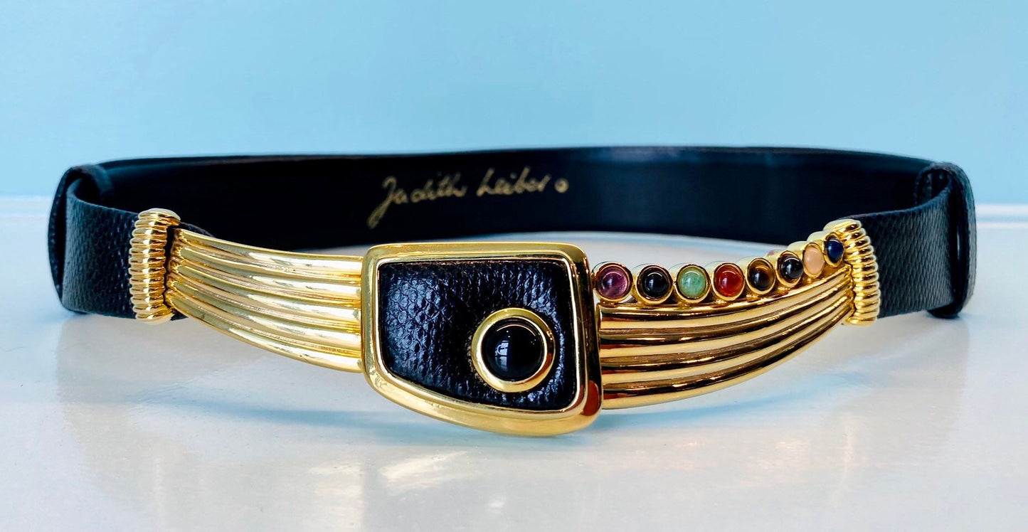 Judith Leiber Black Lizard Multi Stone Gold Plated Cabochon Buckle Adjustable Belt